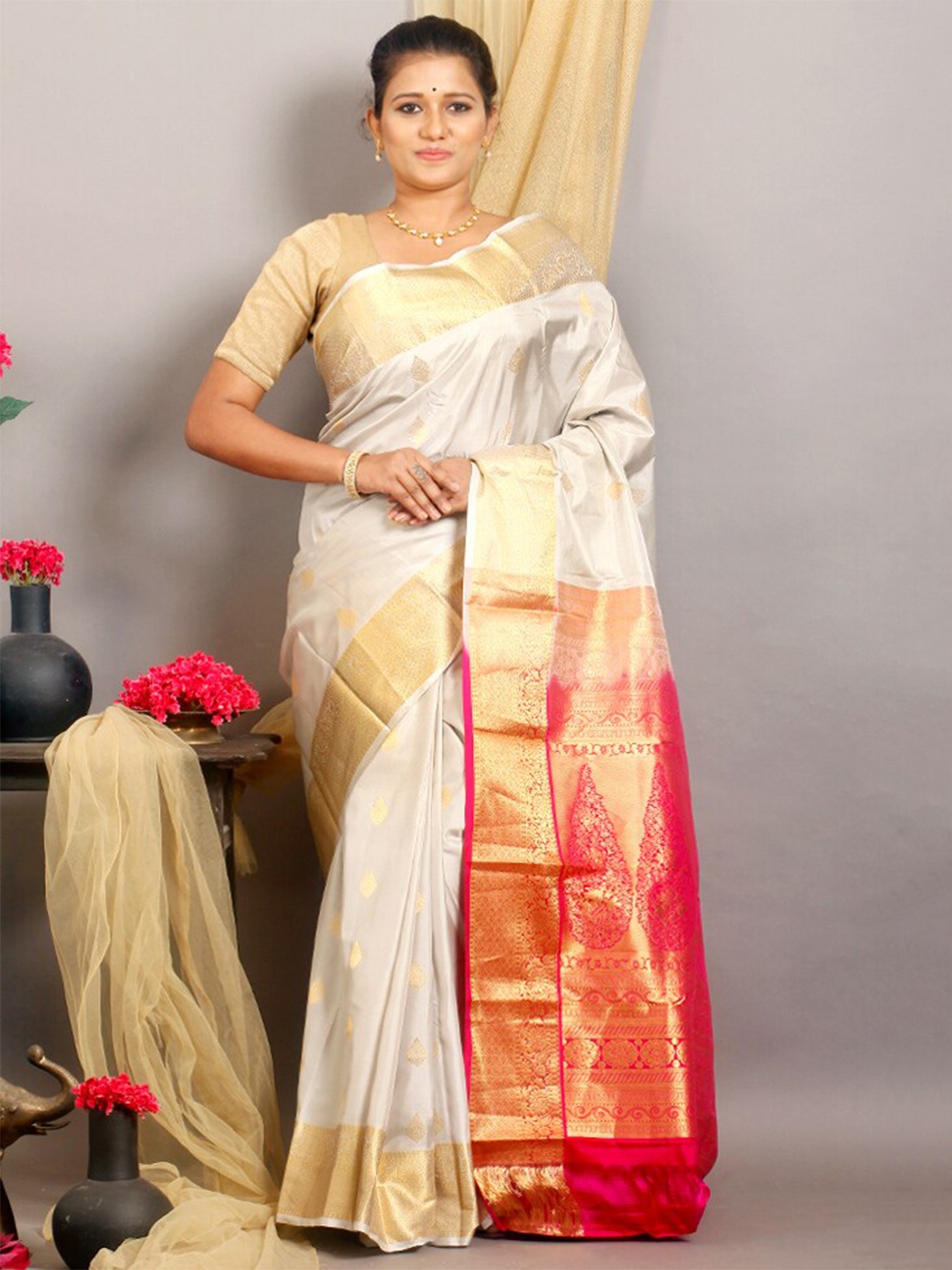 

AllSilks Woven Design Zari Pure Silk Kanjeevaram Saree, White