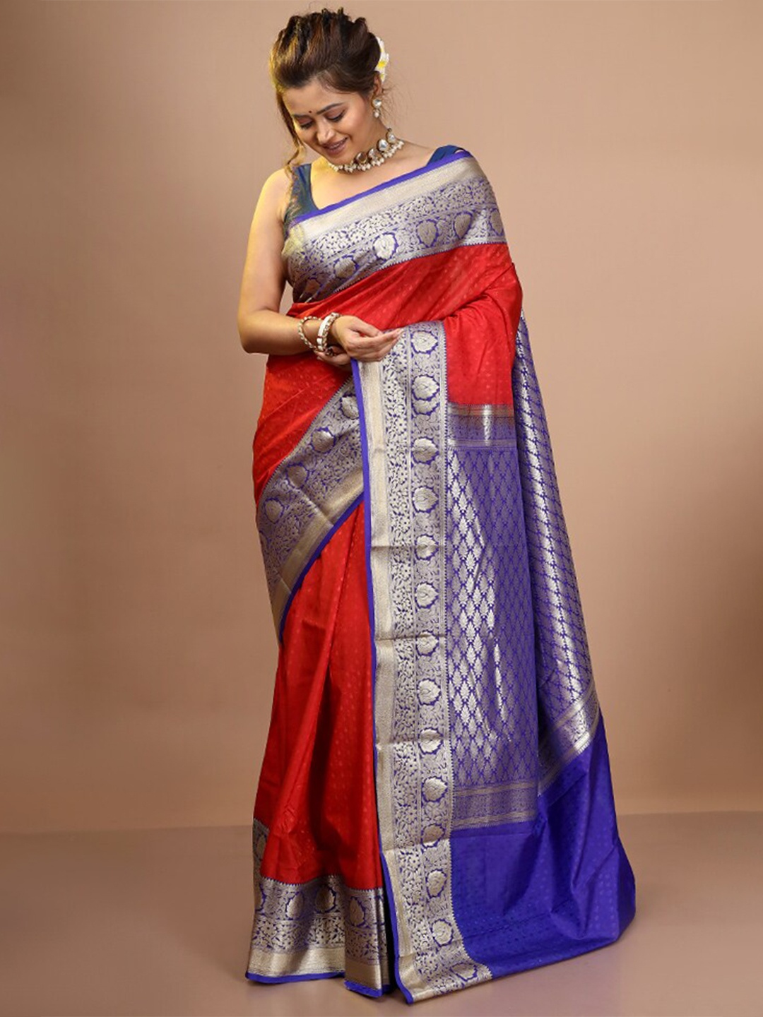 

AllSilks Ethnic Woven Design Zari Pure Silk Kanjeevaram Saree, Red