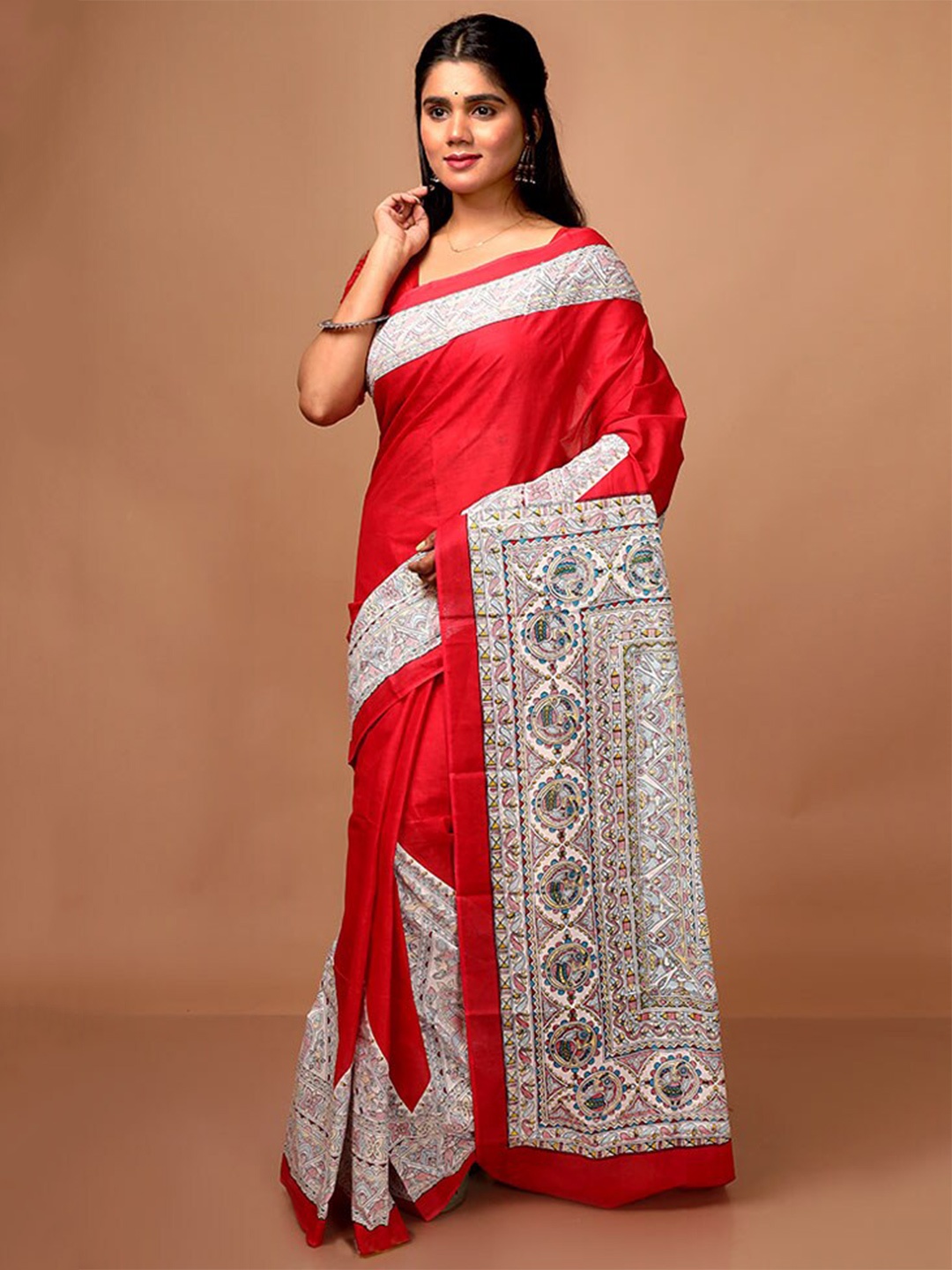 

AllSilks Floral Printed Pure Cotton Saree, Red