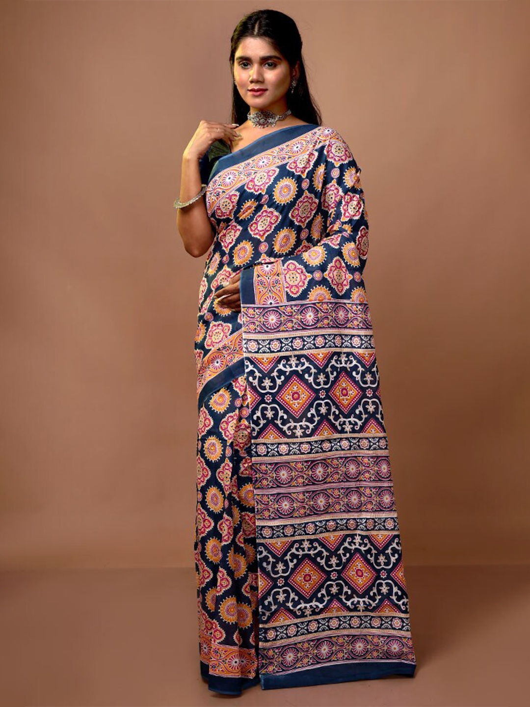 

AllSilks Ethnic Motifs Pure Cotton Saree, Navy blue