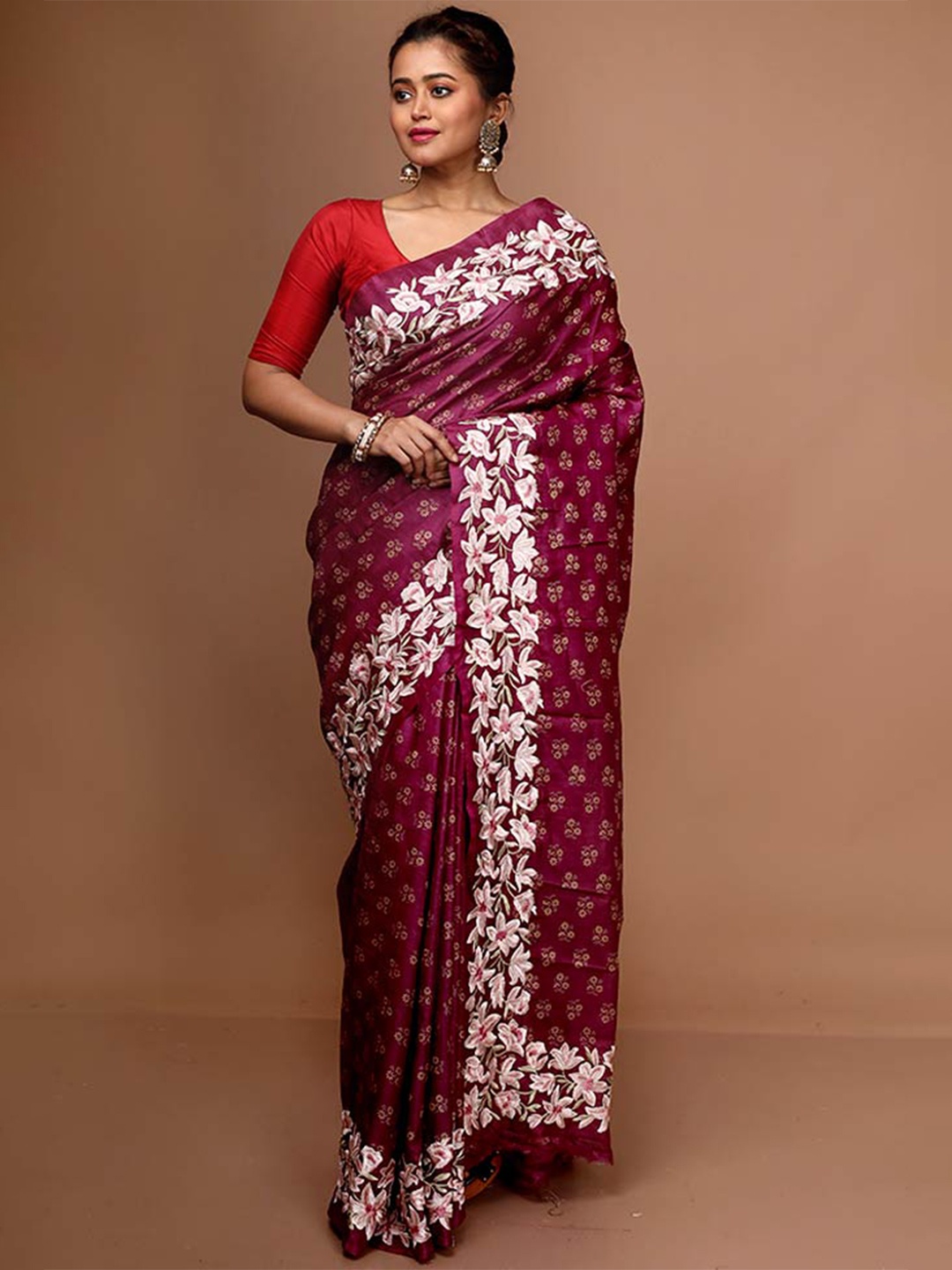 

AllSilks Floral Pure Silk Tussar Saree, Purple