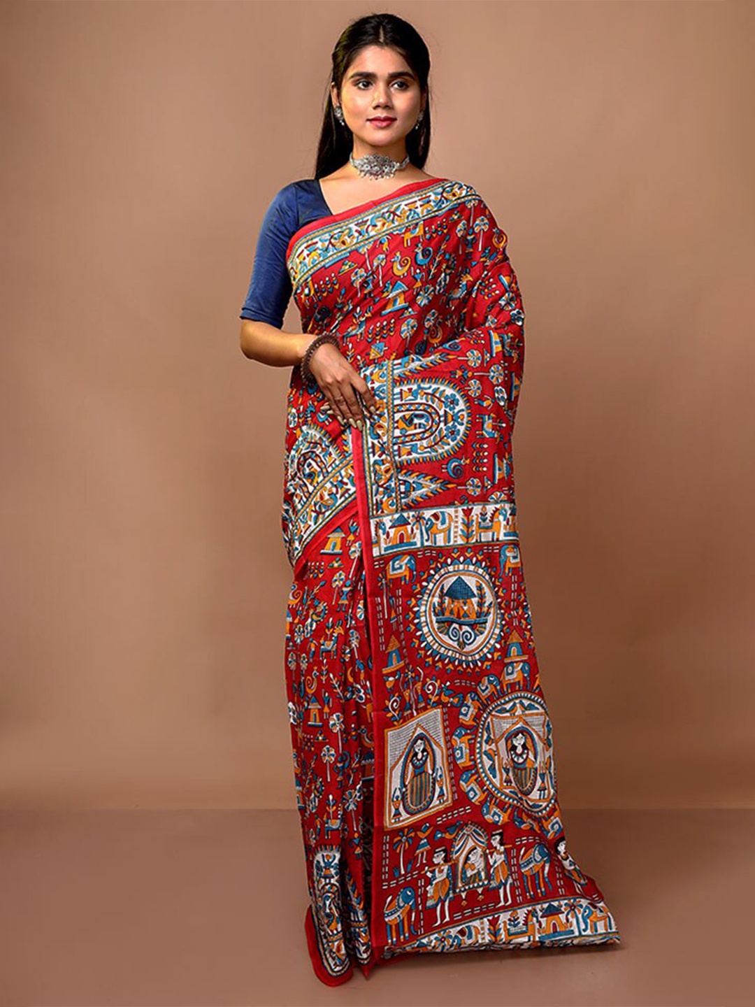 

AllSilks Floral Pure Cotton Saree, Red