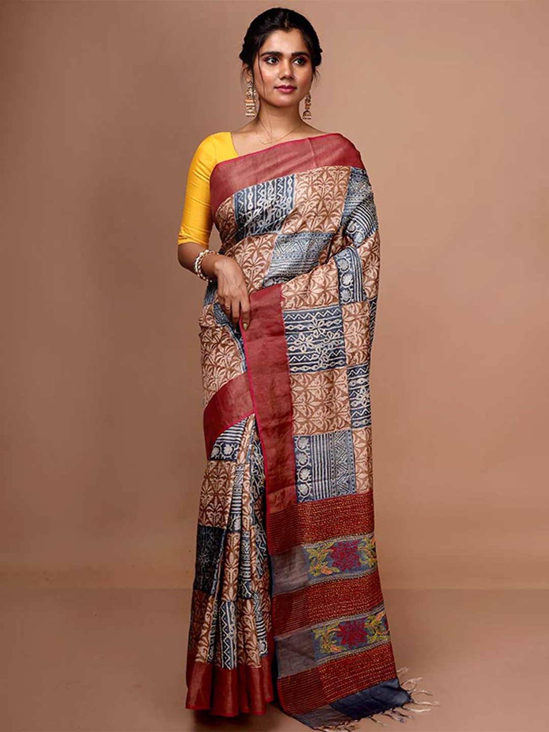 

AllSilks Floral Printed Pure Silk Tussar Saree, Blue