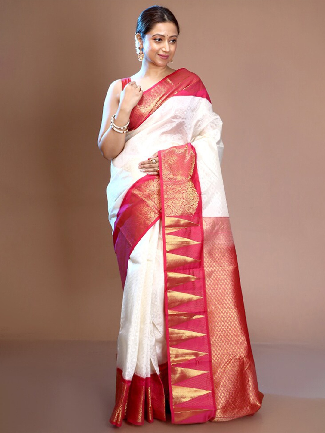 

AllSilks Woven Design Zari Pure Silk Kanjeevaram Saree, White