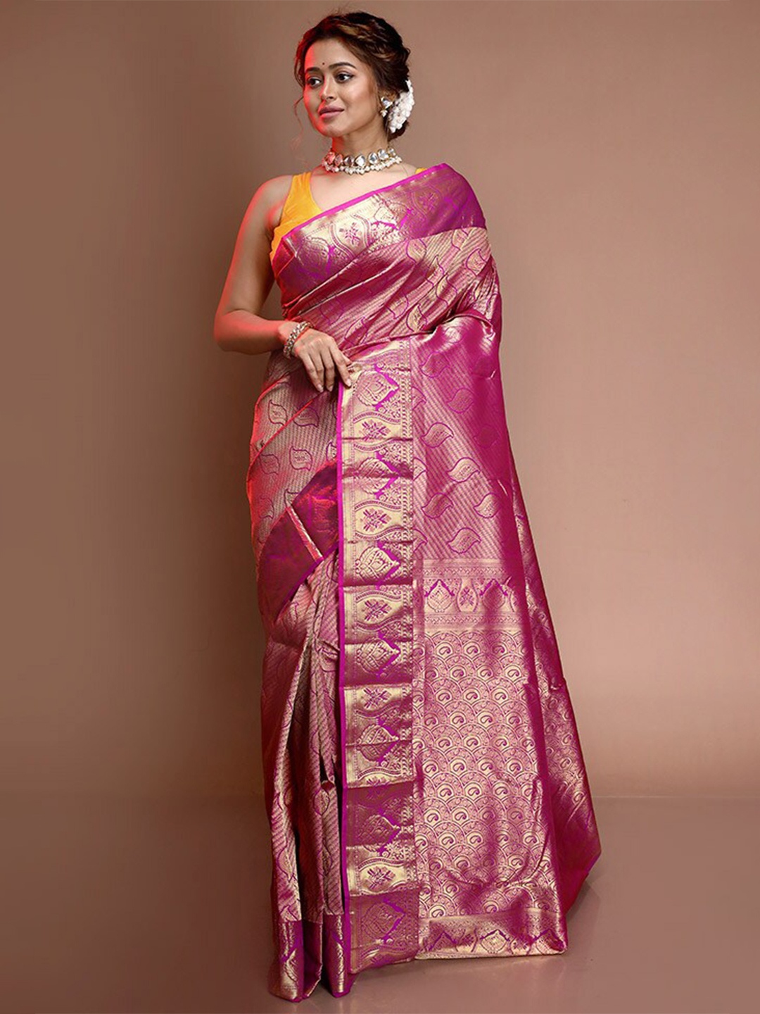 

AllSilks Purple & Gold-Toned Woven Design Zari Pure Silk Kanjeevaram Saree