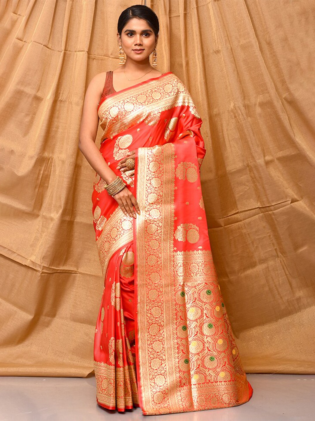 

AllSilks Floral Woven Design Zari Pure Silk Banarasi Saree, Red