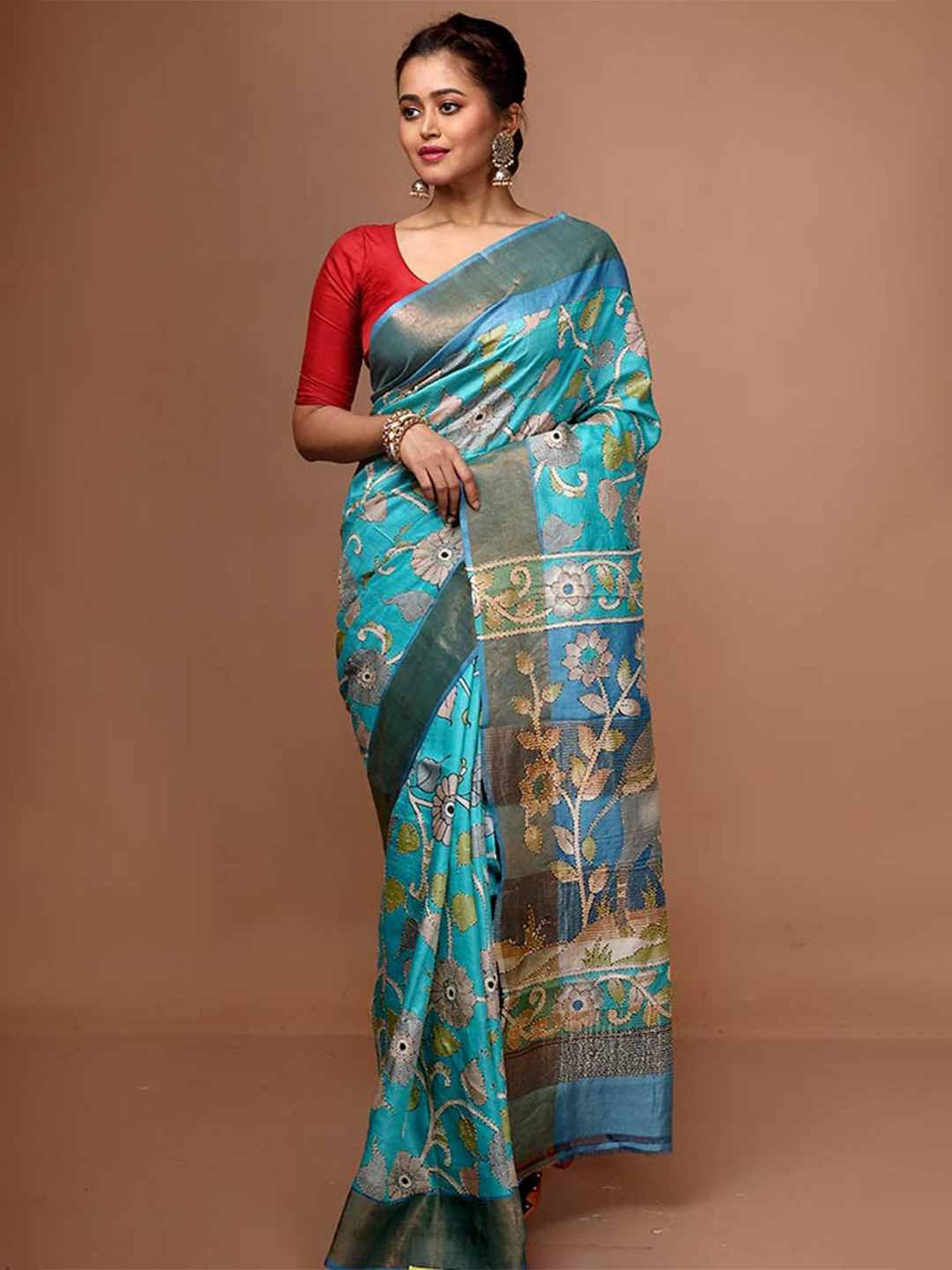 

AllSilks Floral Printed Pure Silk Tussar Saree, Blue