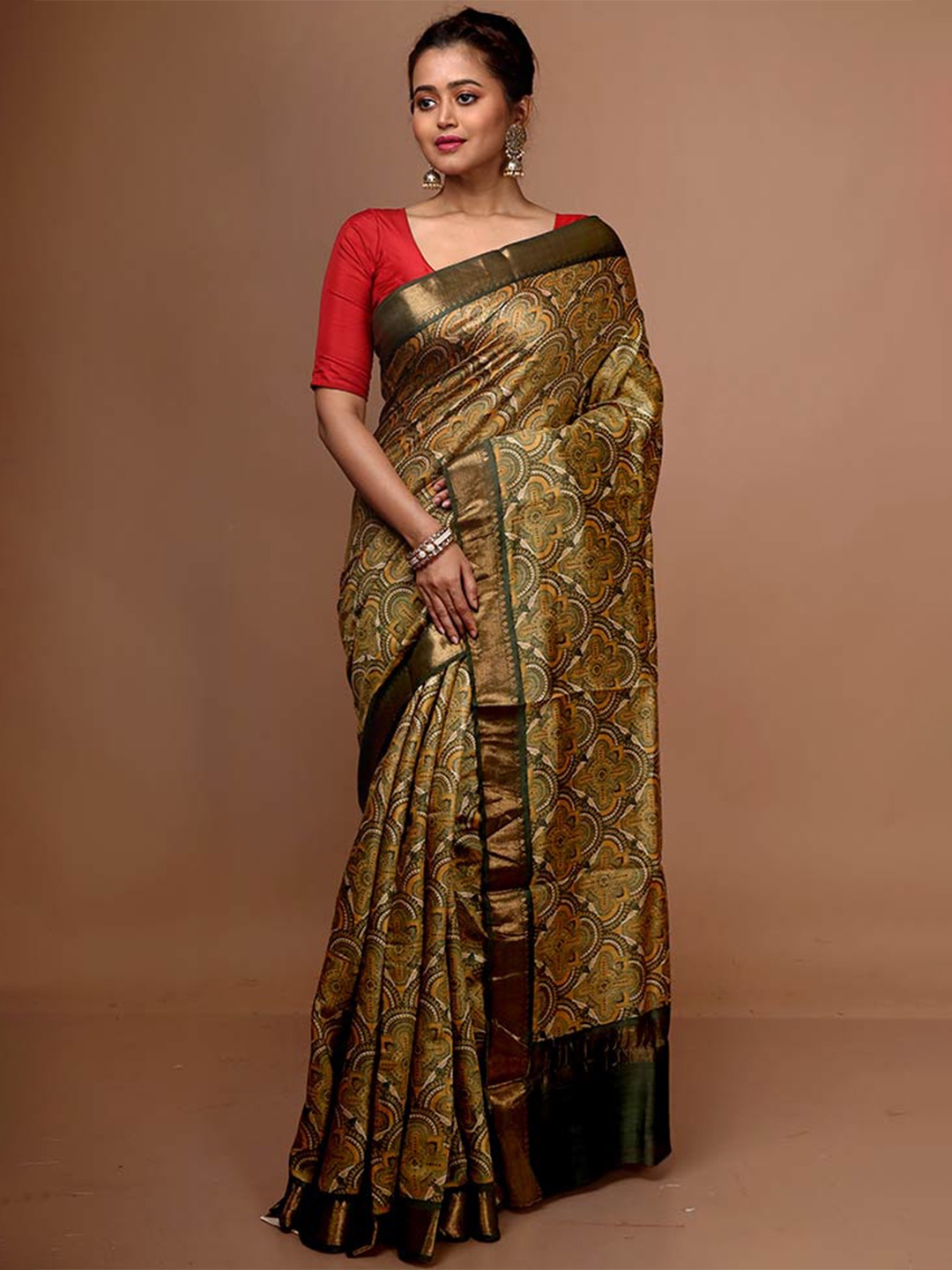 

AllSilks Floral Zari Pure Silk Tussar Saree, Green