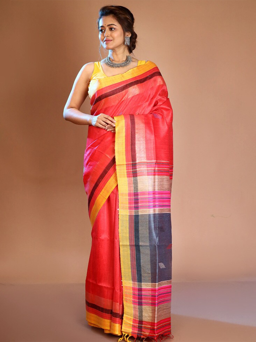 

AllSilks Woven Design Pure Silk Tussar Saree, Peach