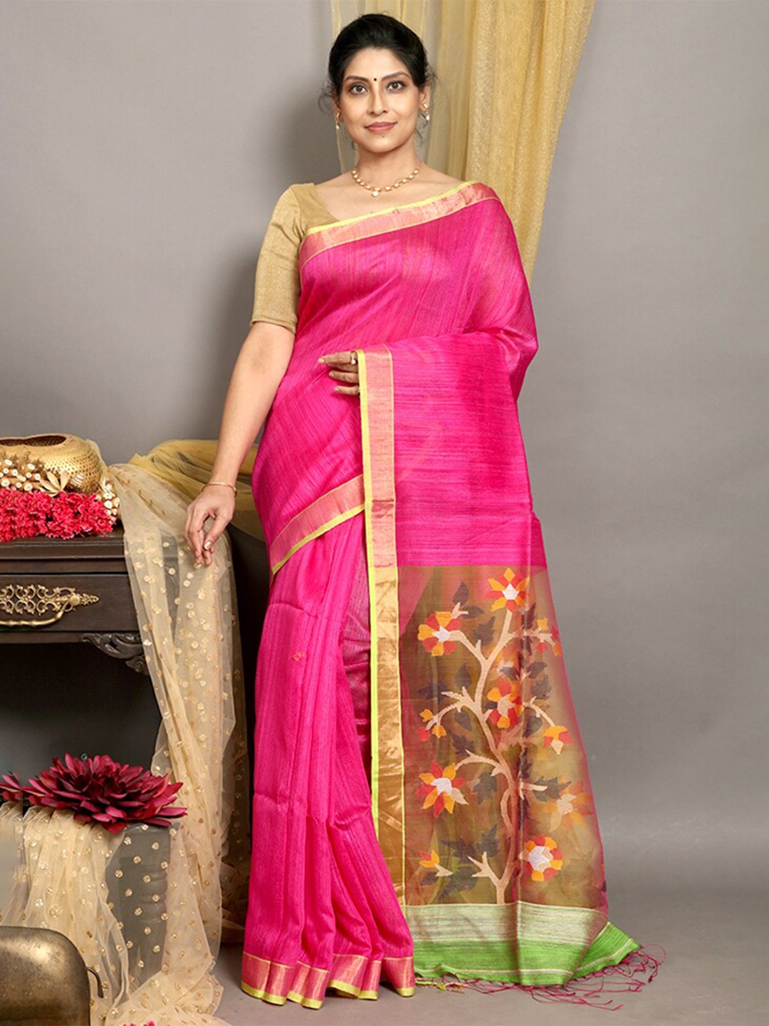 

AllSilks Zari Pure Silk Saree, Pink