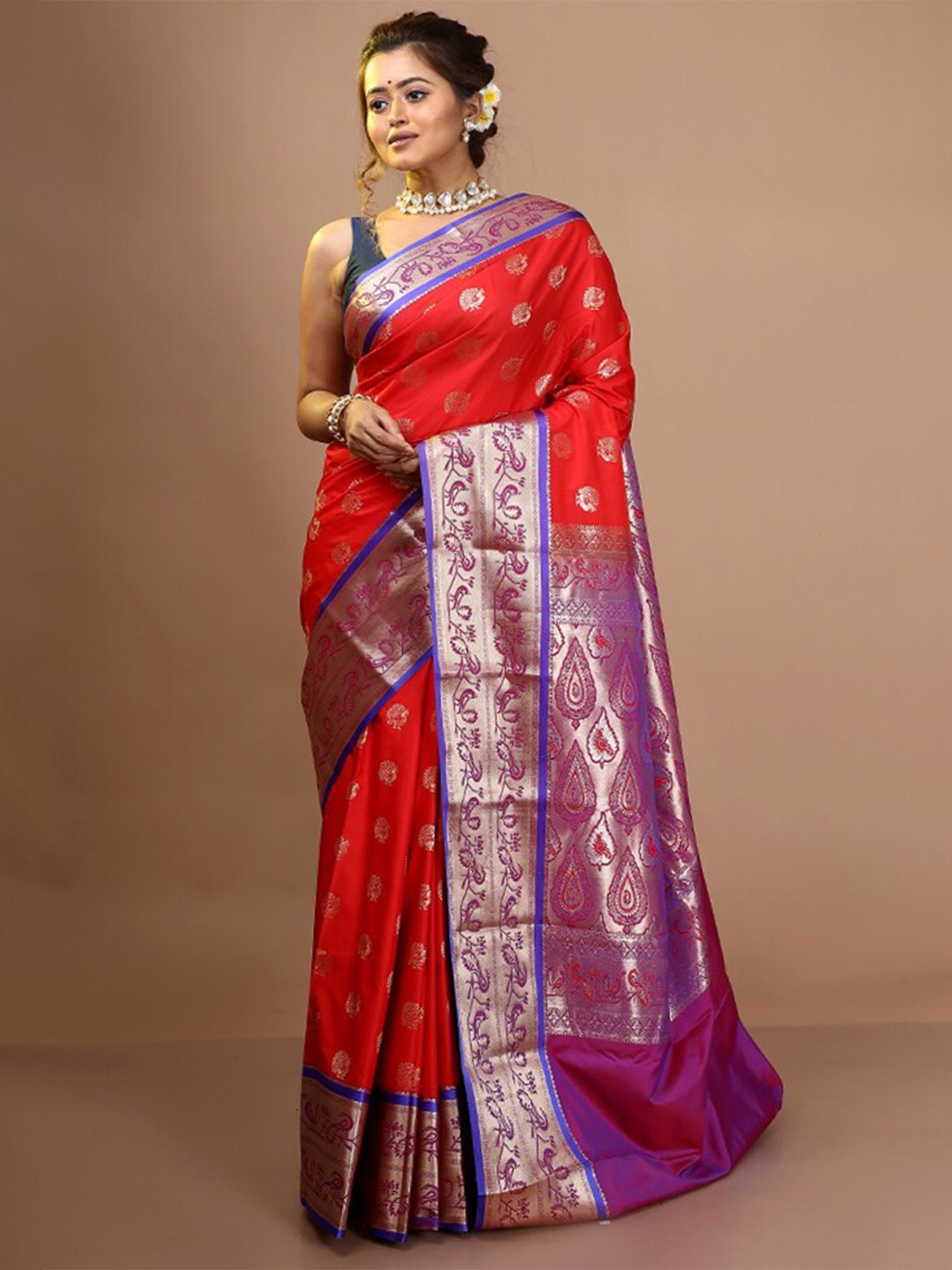 

AllSilks Ethnic Woven Design Zari Pure Silk Kanjeevaram Saree, Red