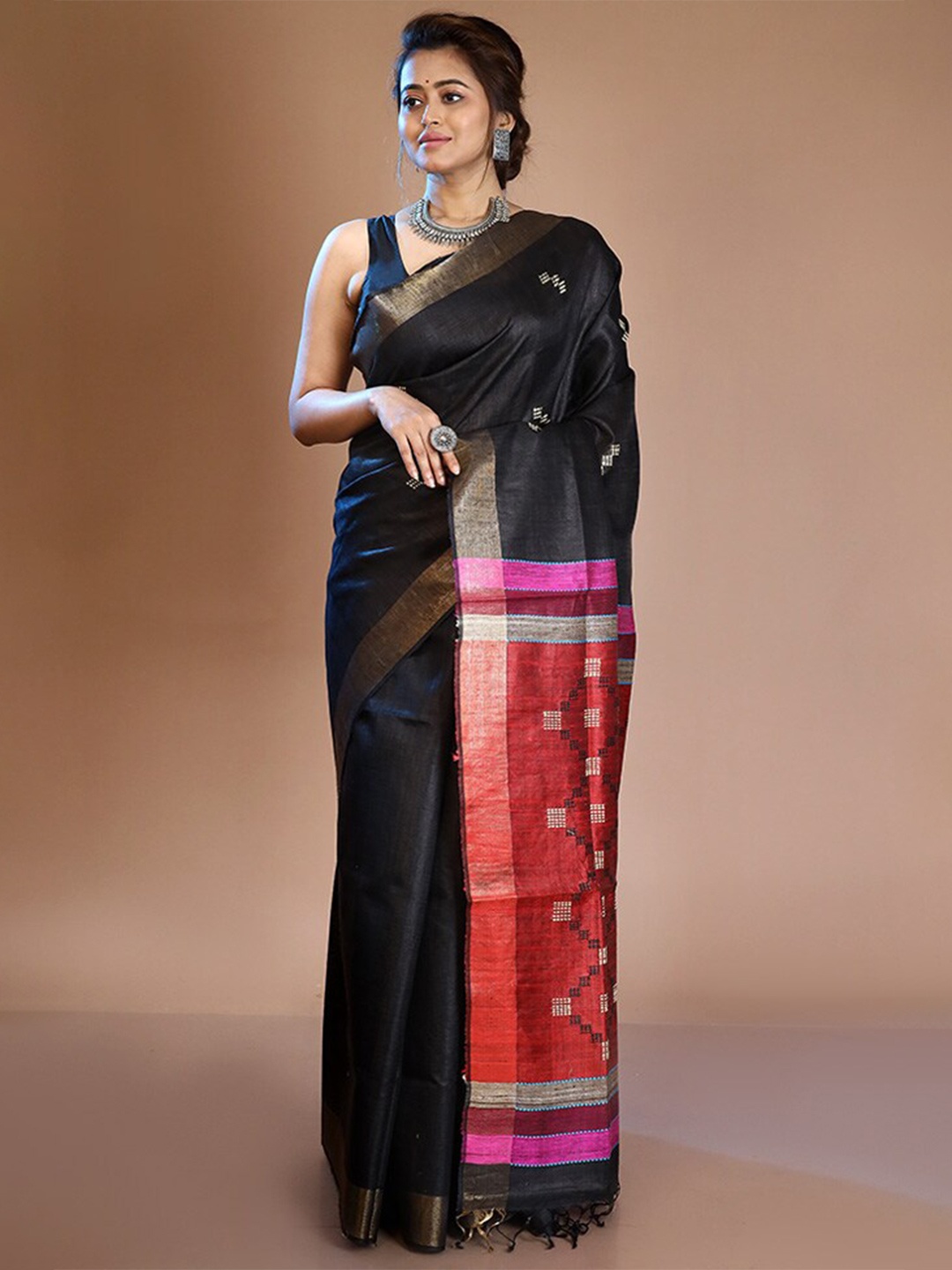 

AllSilks Woven Design Zari Pure Silk Tussar Saree, Black