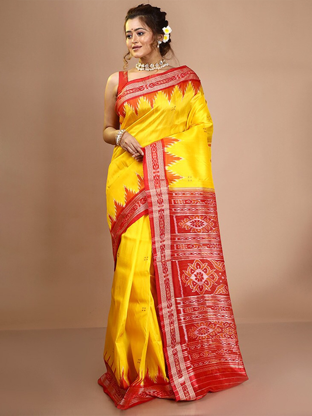 

AllSilks Floral Zari Pure Silk Pochampally Saree, Yellow