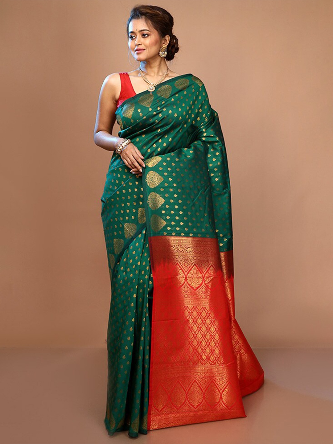 

AllSilks Ethnic Motif Woven Design Zari Pure Silk Kanjeevaram Saree, Green