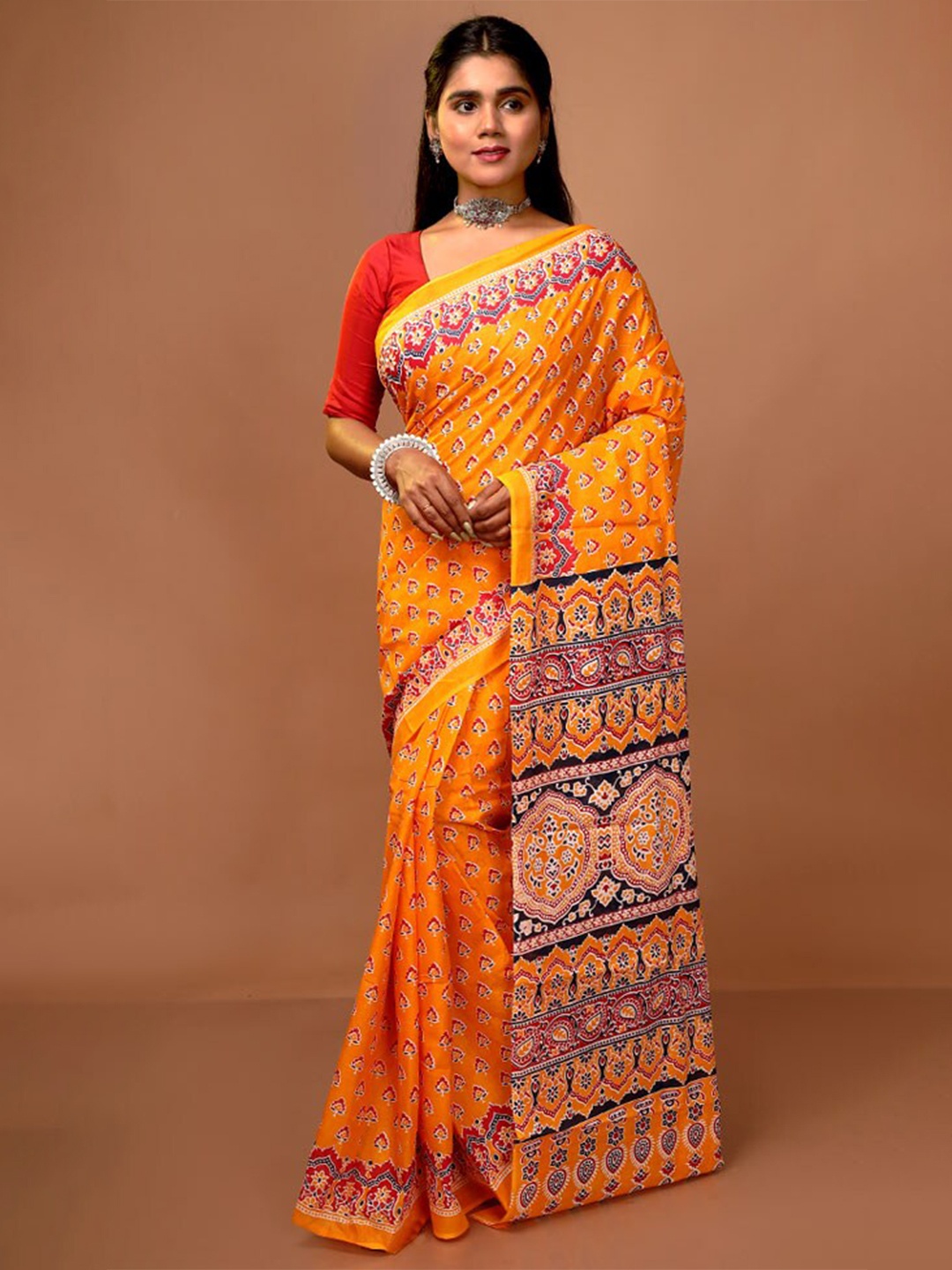 

AllSilks Floral Printed Pure Cotton Saree, Yellow