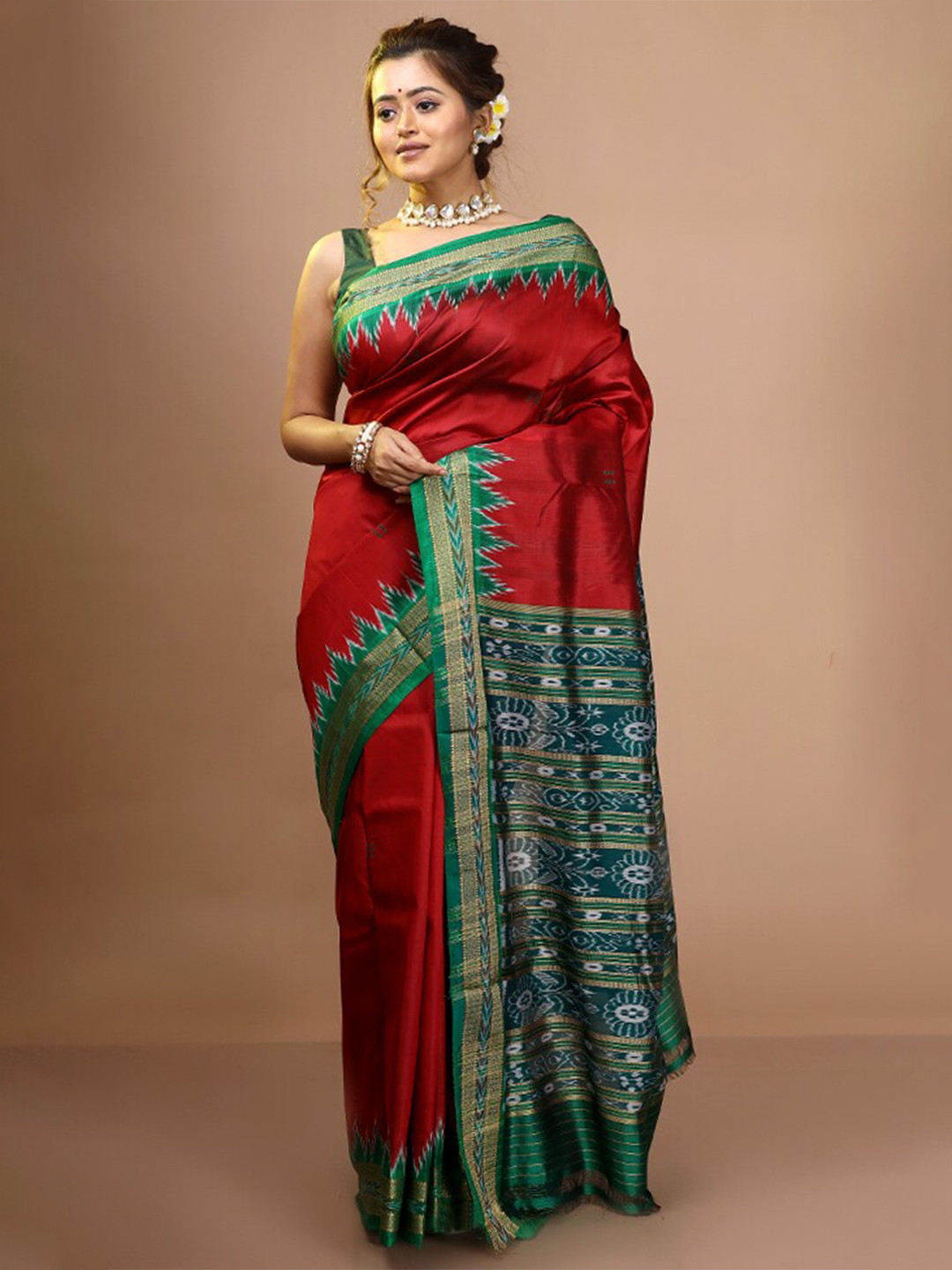 

AllSilks Woven Design Zari Pure Silk Ikat Saree, Red