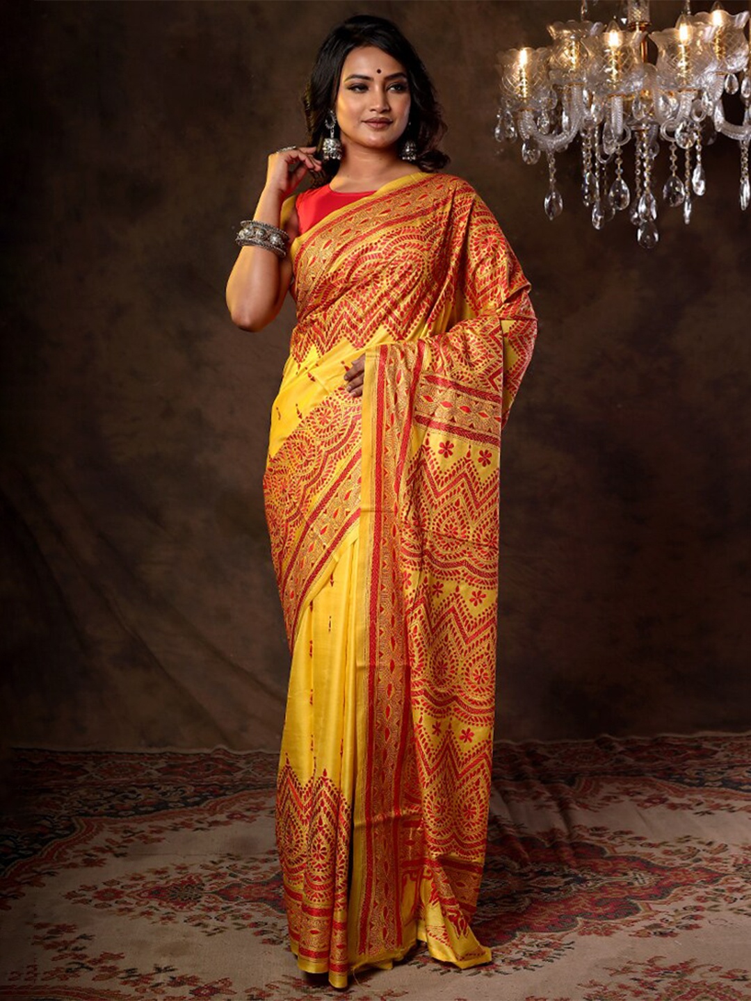 

AllSilks Yellow & Red Ethnic Motifs Zari Pure Silk Murshidabad silk Saree