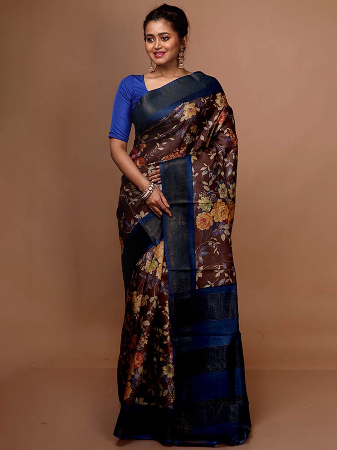 

AllSilks Floral Printed Zari Pure Silk Tussar Saree, Brown