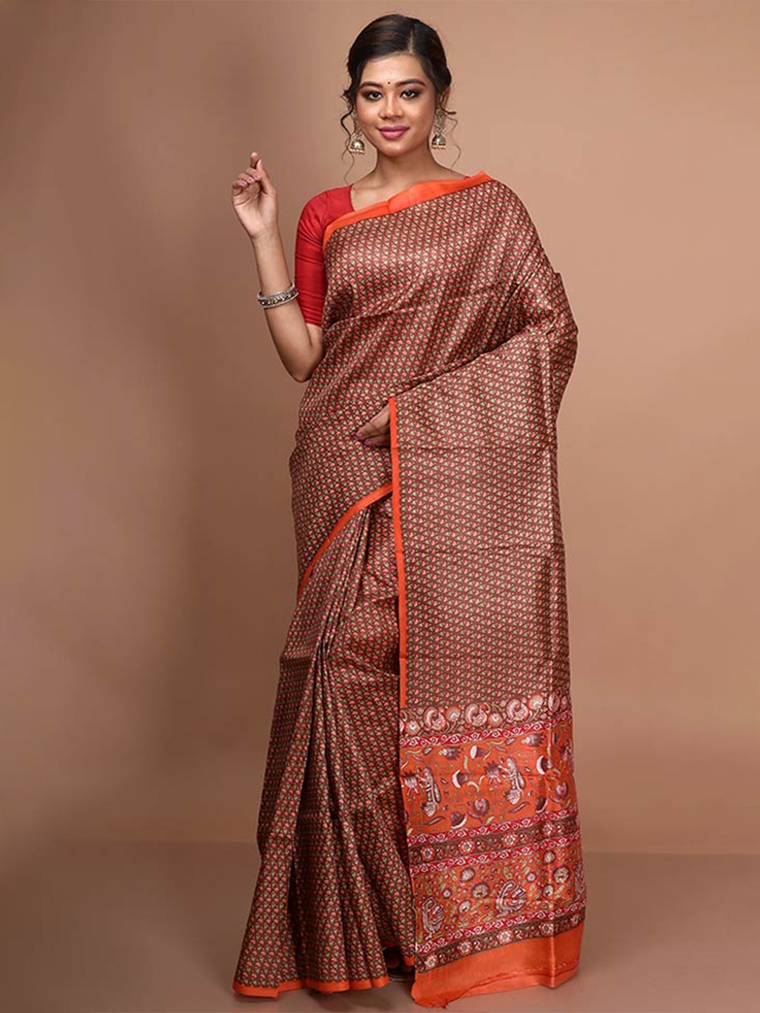 

AllSilks Floral Zari Pure Silk Block Print Saree, Brown