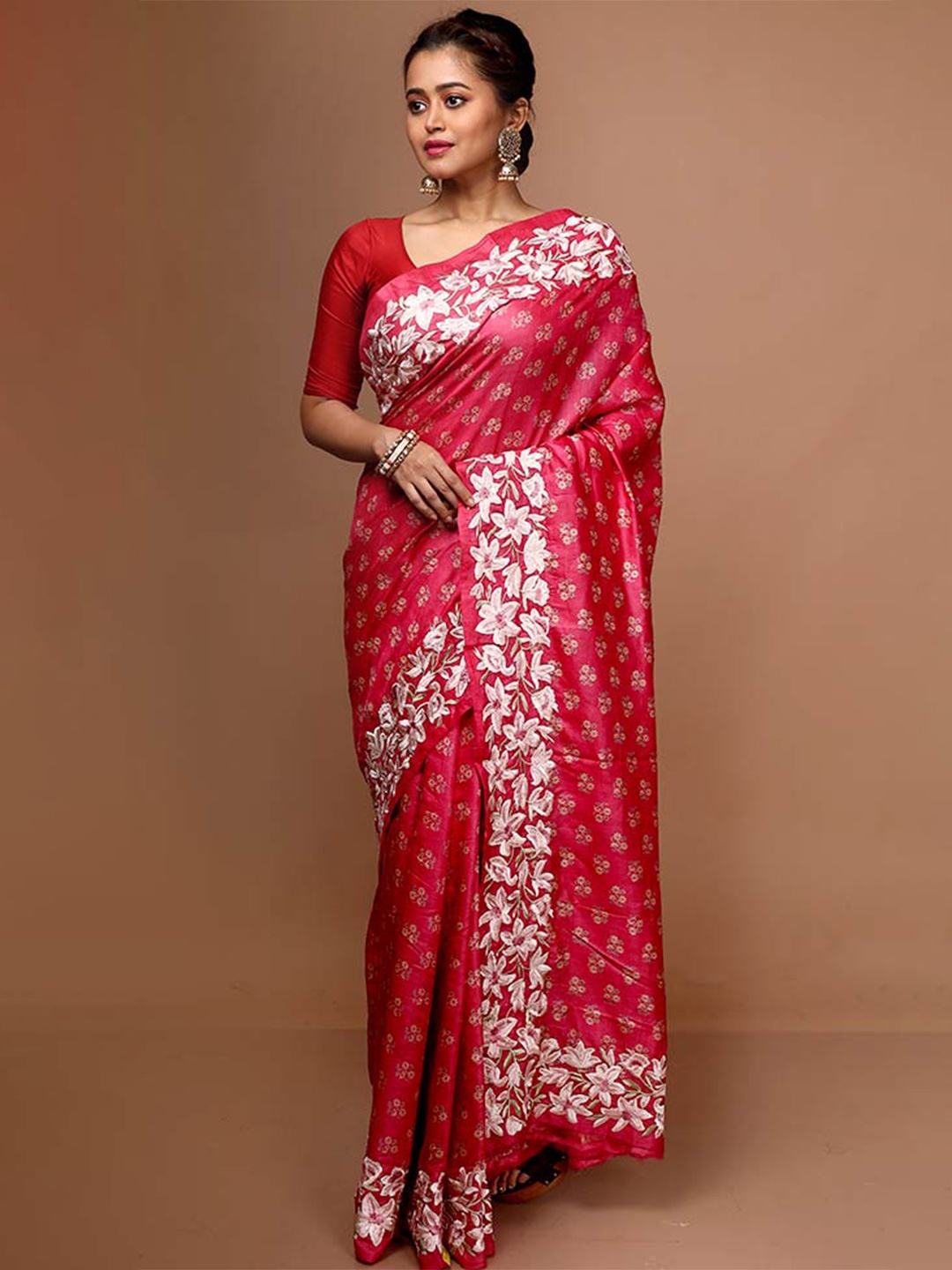 

AllSilks Floral Embroidered Pure Silk Tussar Saree, Pink