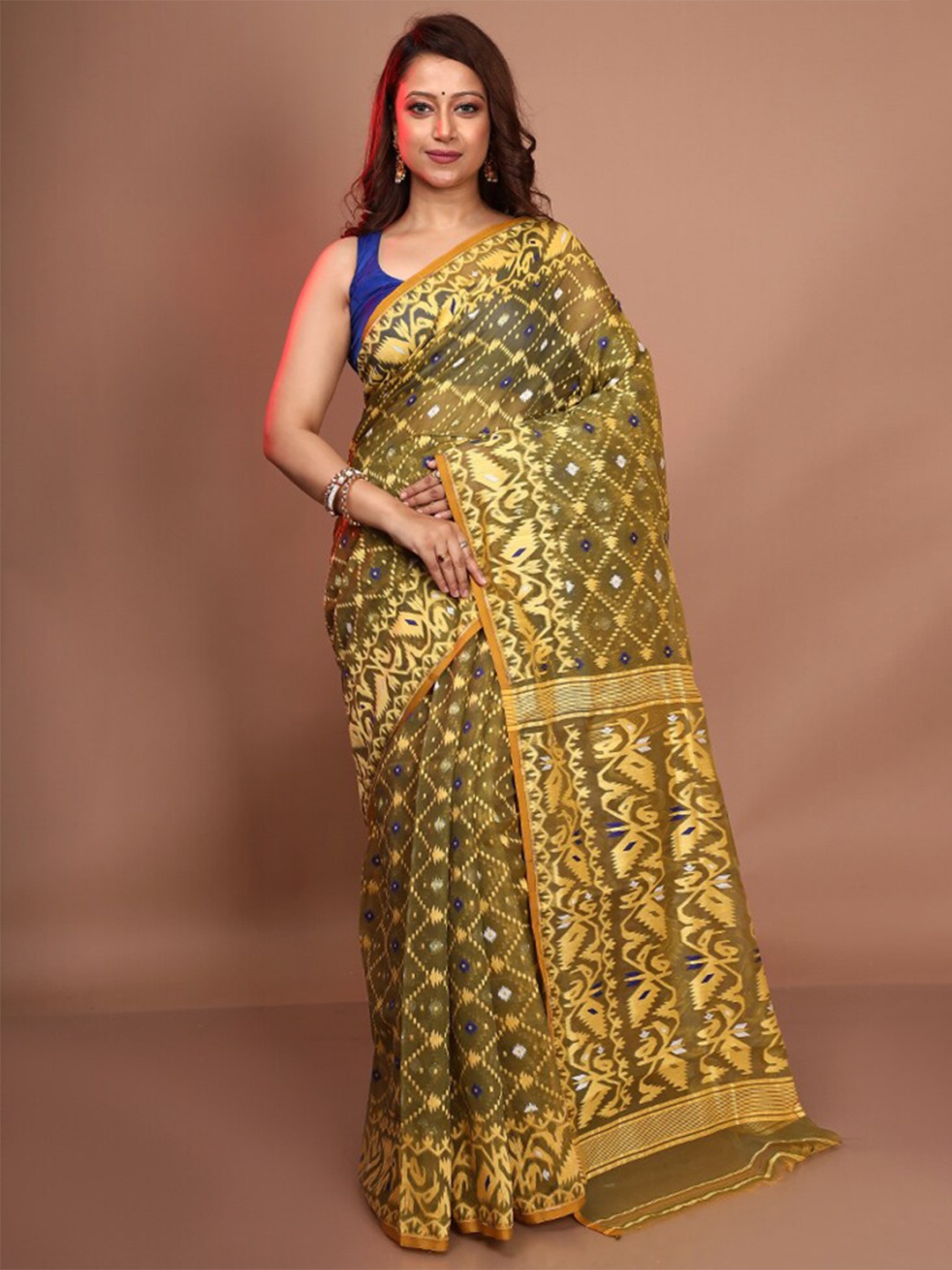 

AllSilks Ethnic Motif Woven Design Zari Pure Cotton Taant Saree, Olive