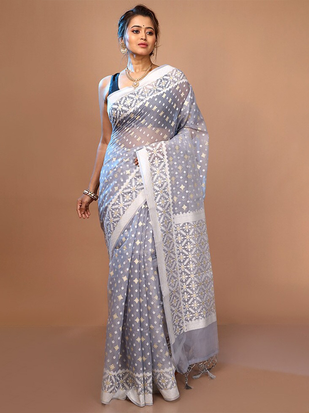 

AllSilks Grey & White Ethnic Motifs Zari Pure Silk Saree