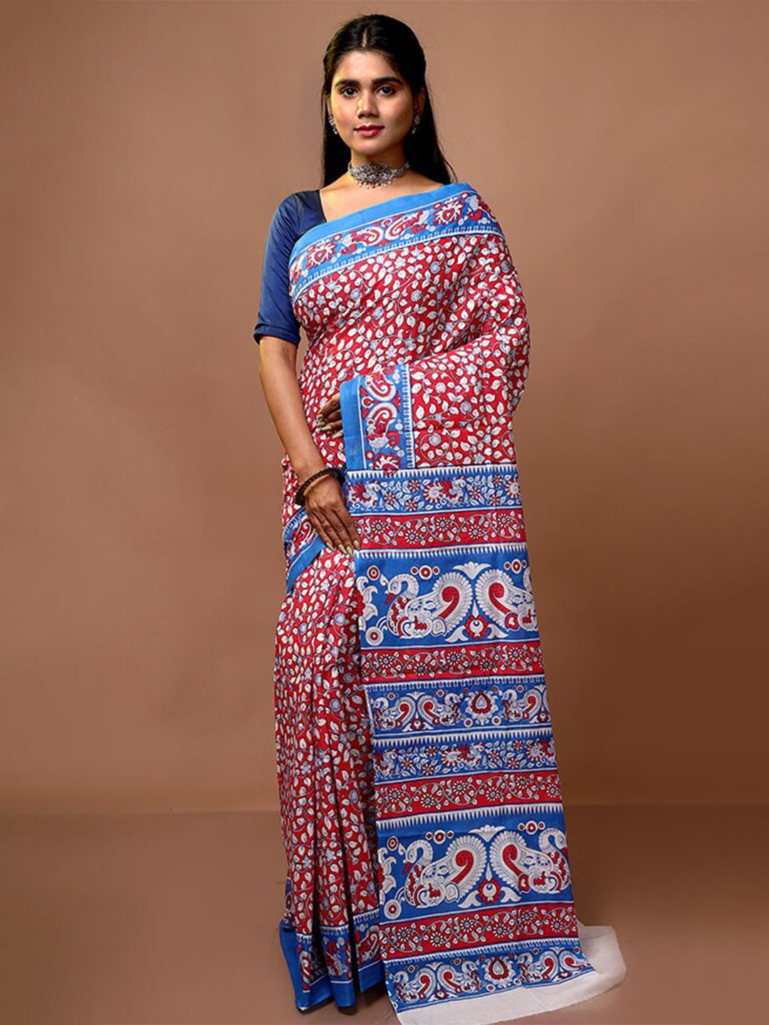 

AllSilks Floral Printed Pure Cotton Saree, Red