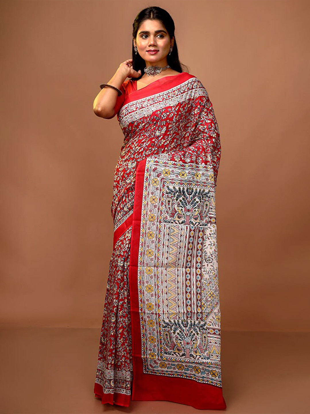 

AllSilks Floral Printed Pure Cotton Saree, Red