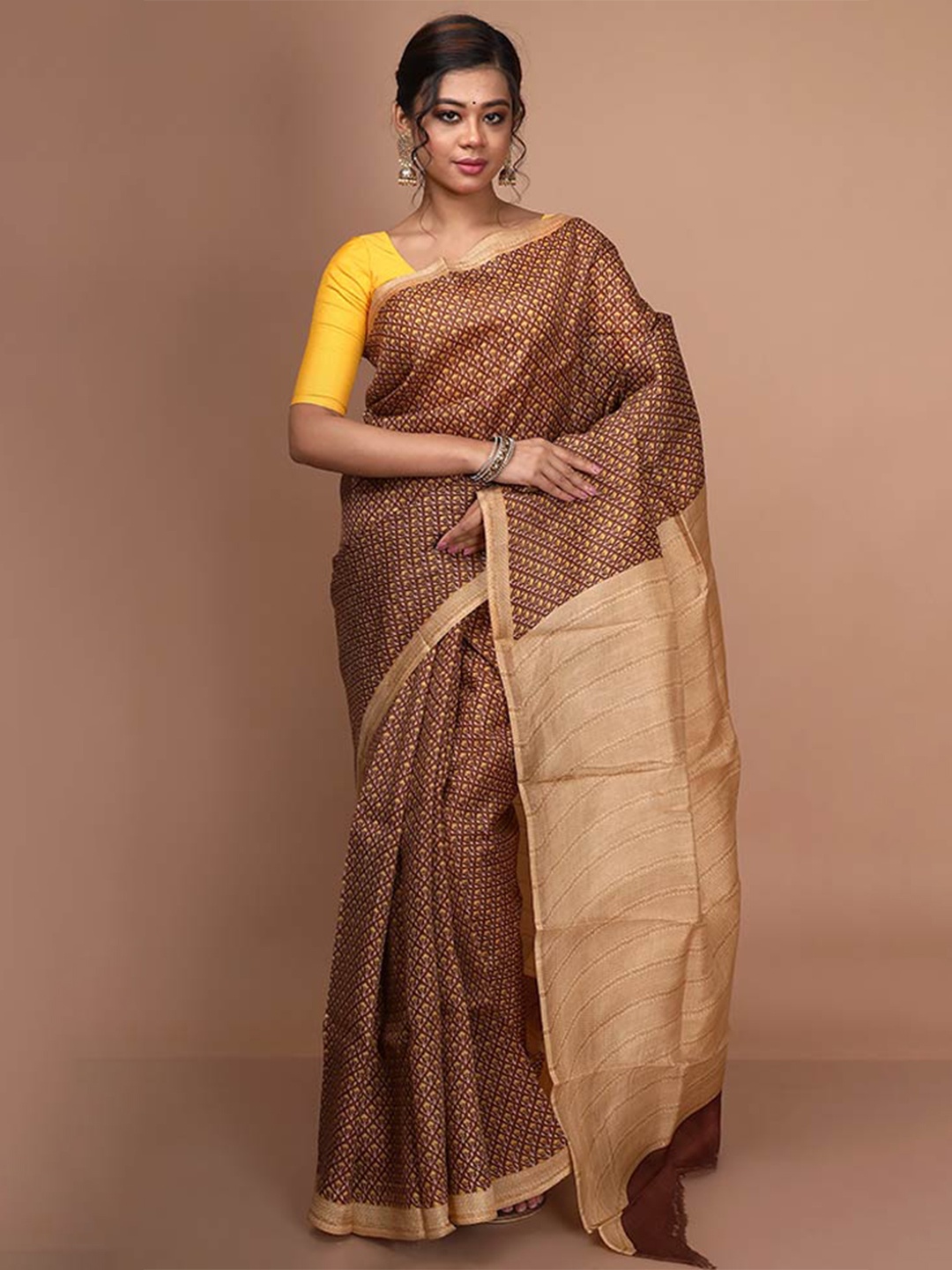 

AllSilks Floral Printed Zari Pure Silk Saree, Brown