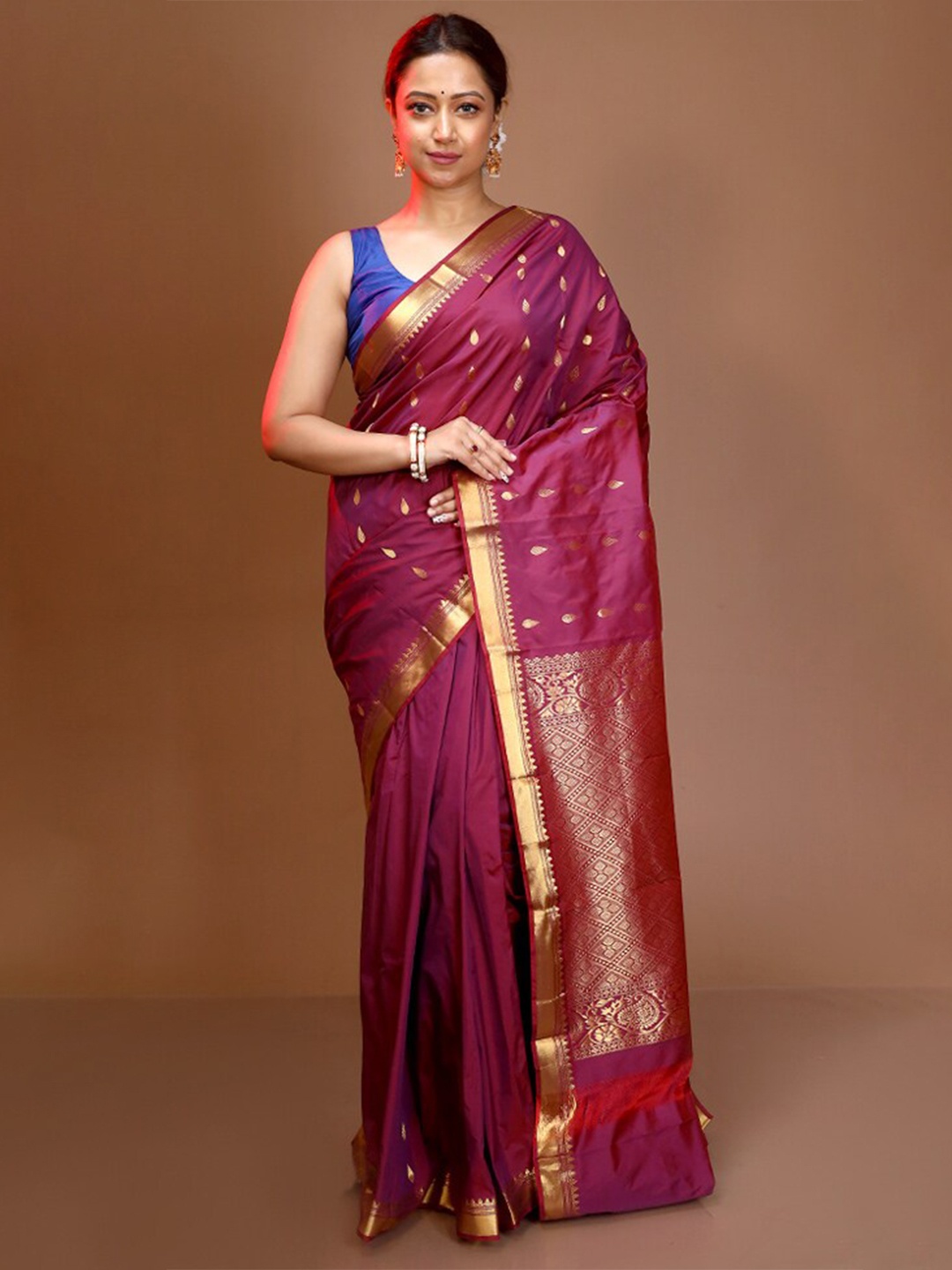 

AllSilks Ethnic Motifs Woven Design Zari Pure Silk Kanjeevaram Saree, Purple