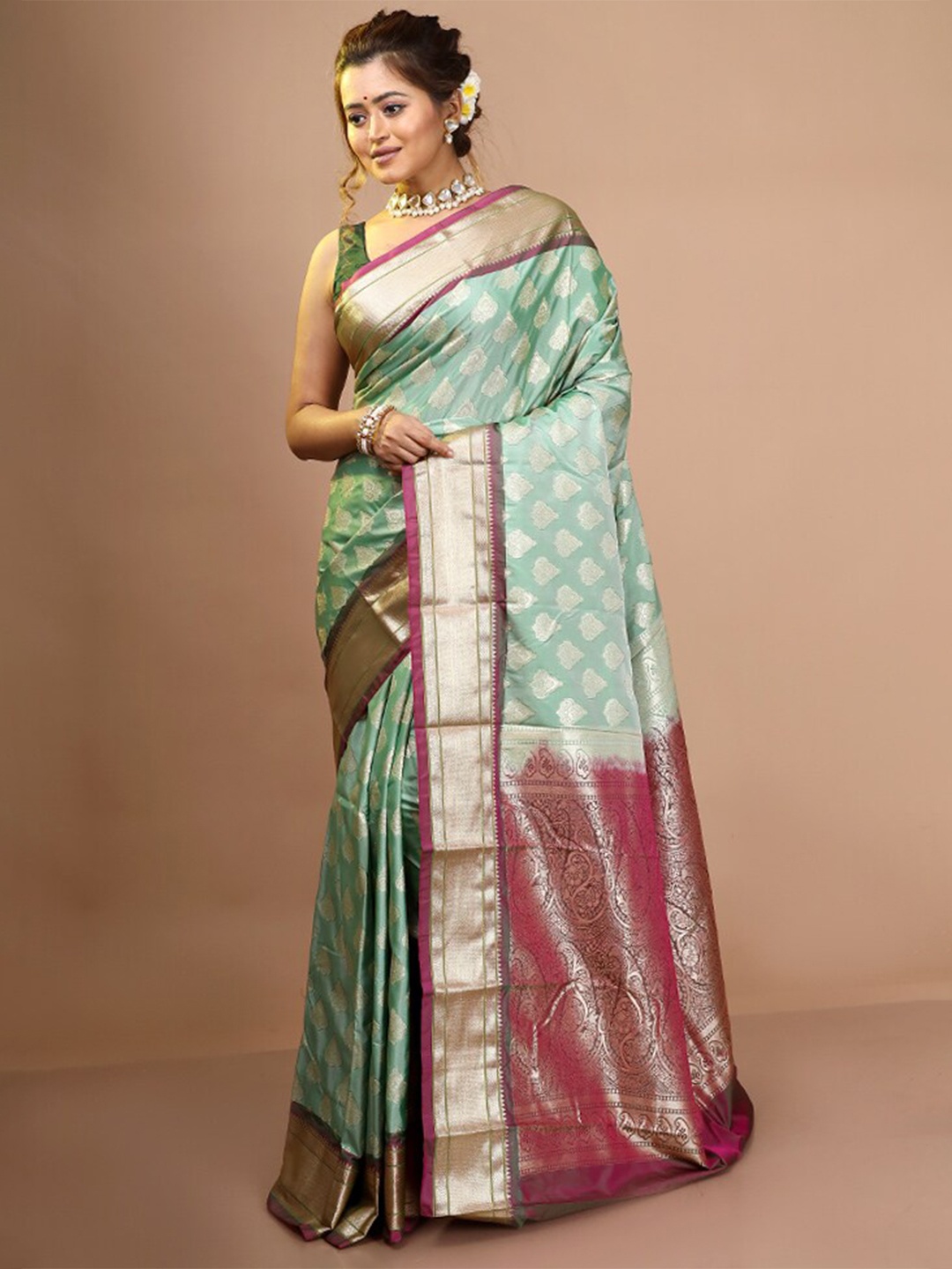 

AllSilks Ethnic Motifs Woven Design Zari Pure Silk Kanjeevaram Saree, Sea green