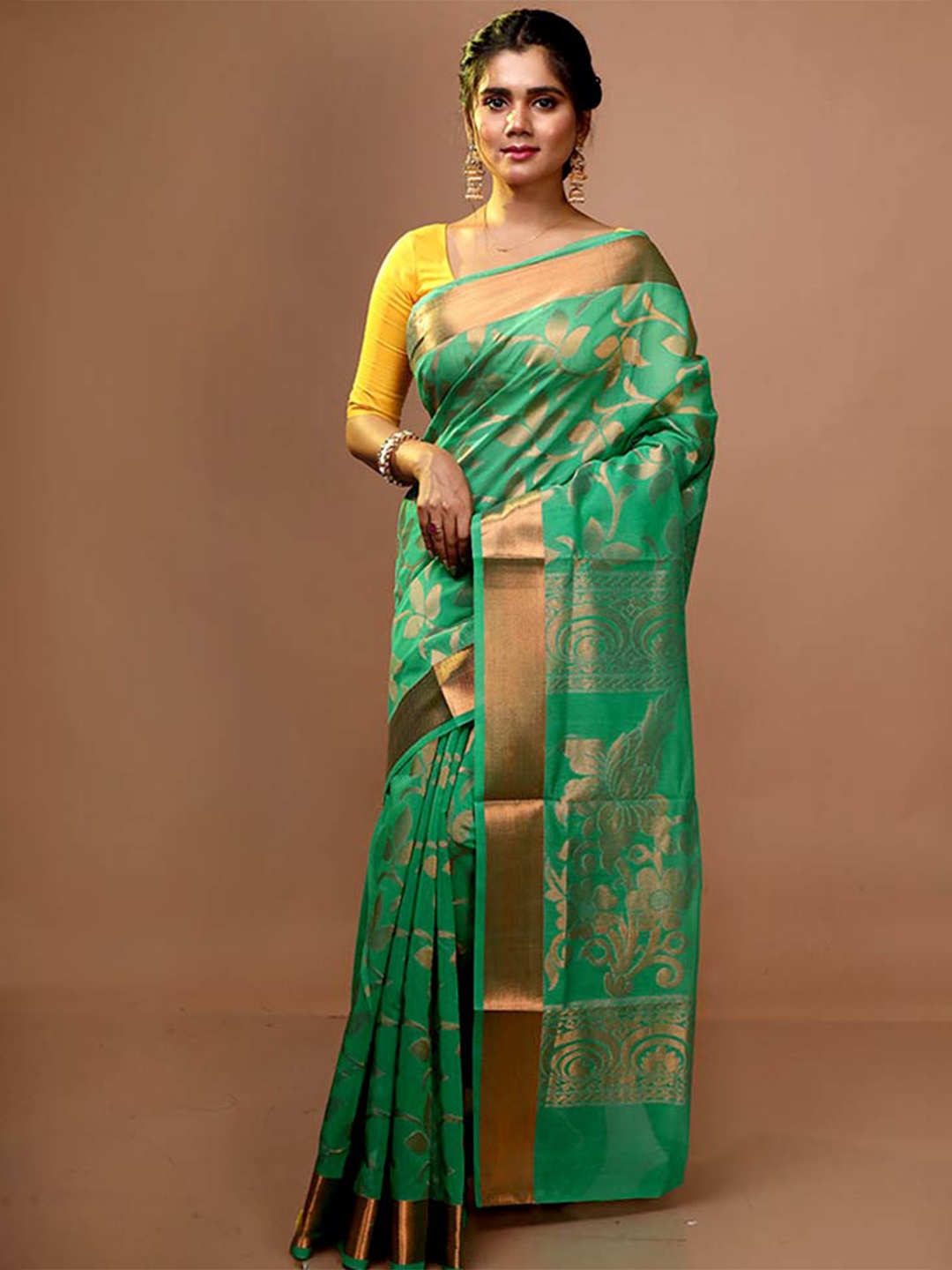 

AllSilks Floral Woven Design Zari Pure Cotton Saree, Green