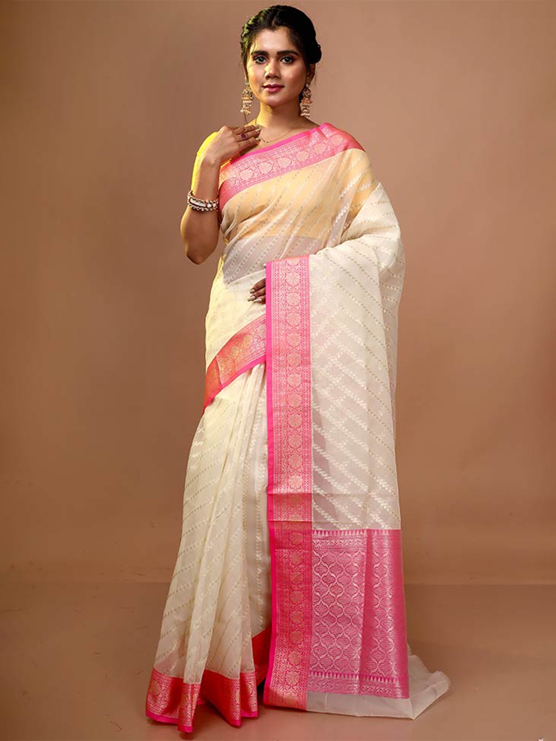 

AllSilks Ethnic Motifs Woven Design Zari Pure Silk Saree, White
