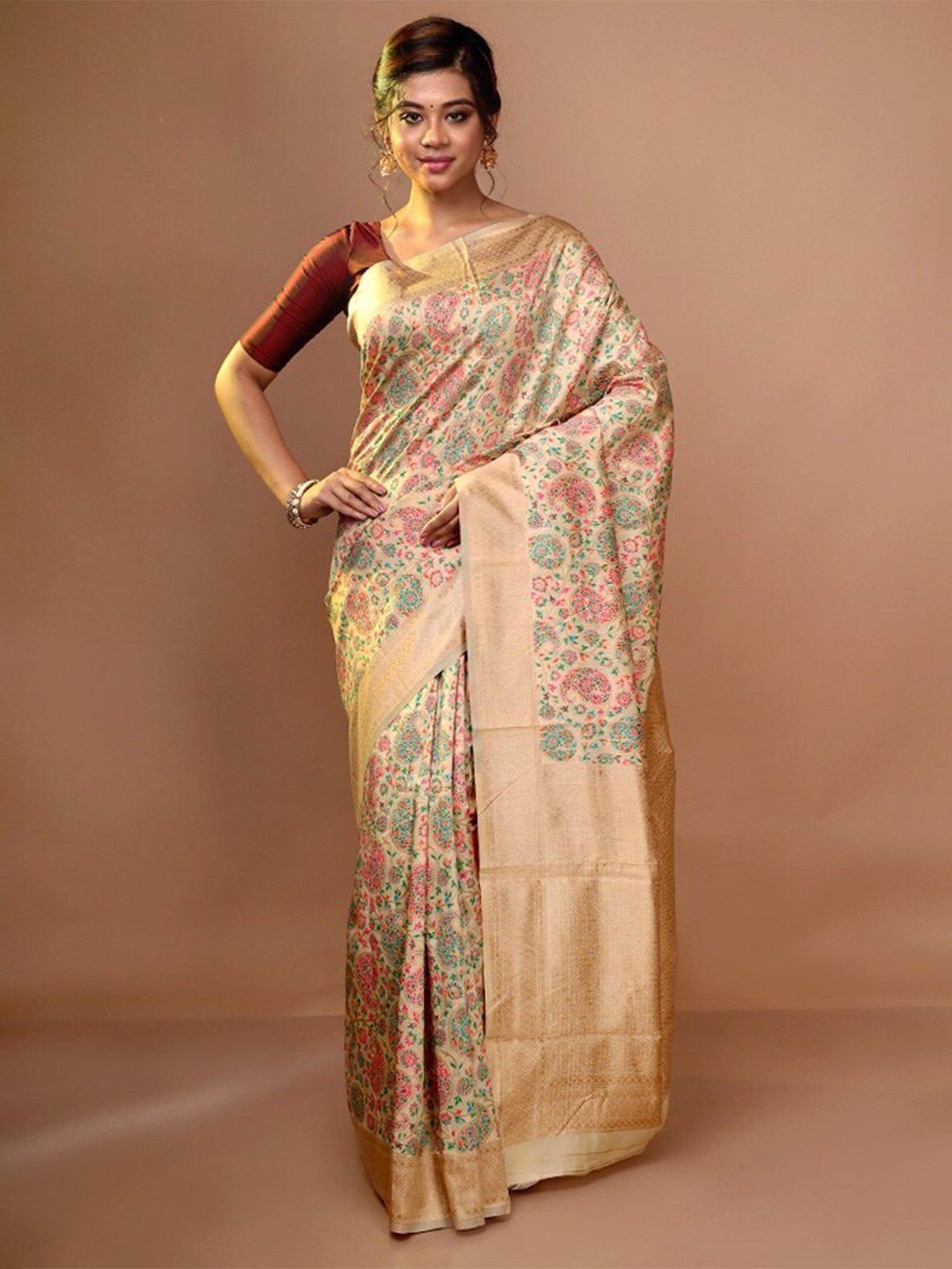 

AllSilks Floral Printed Zari Pure Silk Saree, Cream