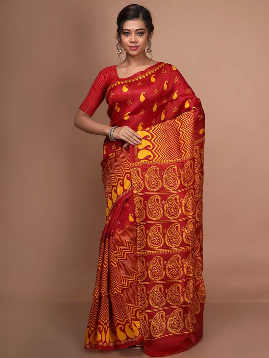 

AllSilks Paisley Pure Silk Block Print Saree, Red