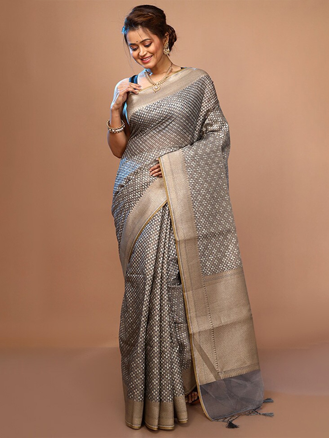 

AllSilks Woven Design Zari Pure Silk Saree With Blouse Piece, Grey