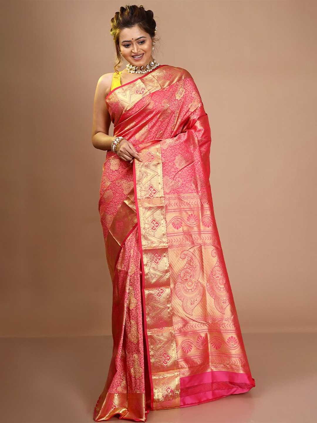 

AllSilks Woven Design Zari Pure Silk Kanjeevaram Saree With Blouse Piece, Pink