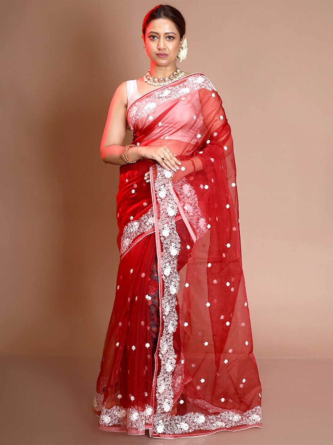 

AllSilks Floral Embroidered Pure Silk Saree With Blouse Piece, Red
