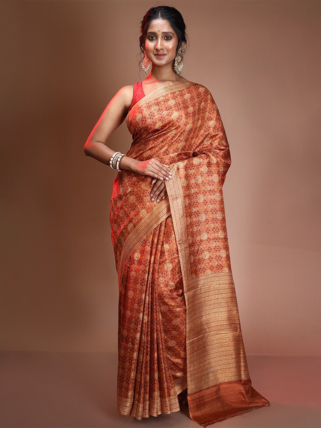 

AllSilks Ethnic Motifs Pure Silk Block Print Saree, Rust