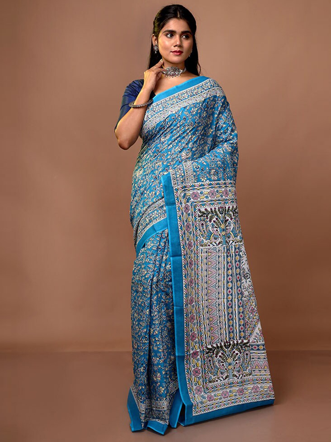 

AllSilks Floral Pure Cotton Saree, Blue