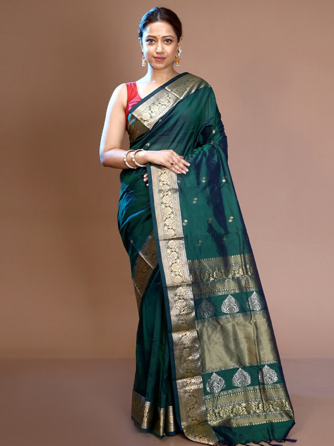 

AllSilks Purple & Gold-Toned Woven Design Zari Pure Silk Kanjeevaram Saree