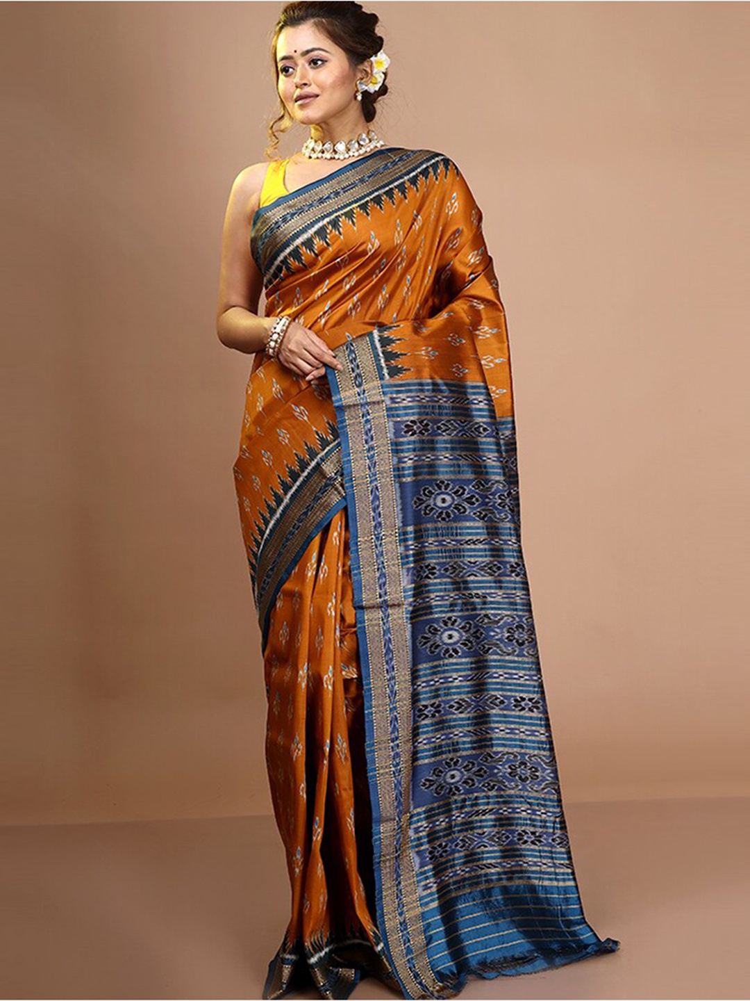 

AllSilks Ethnic Motifs Printed Pure Silk Ikat Saree, Mustard