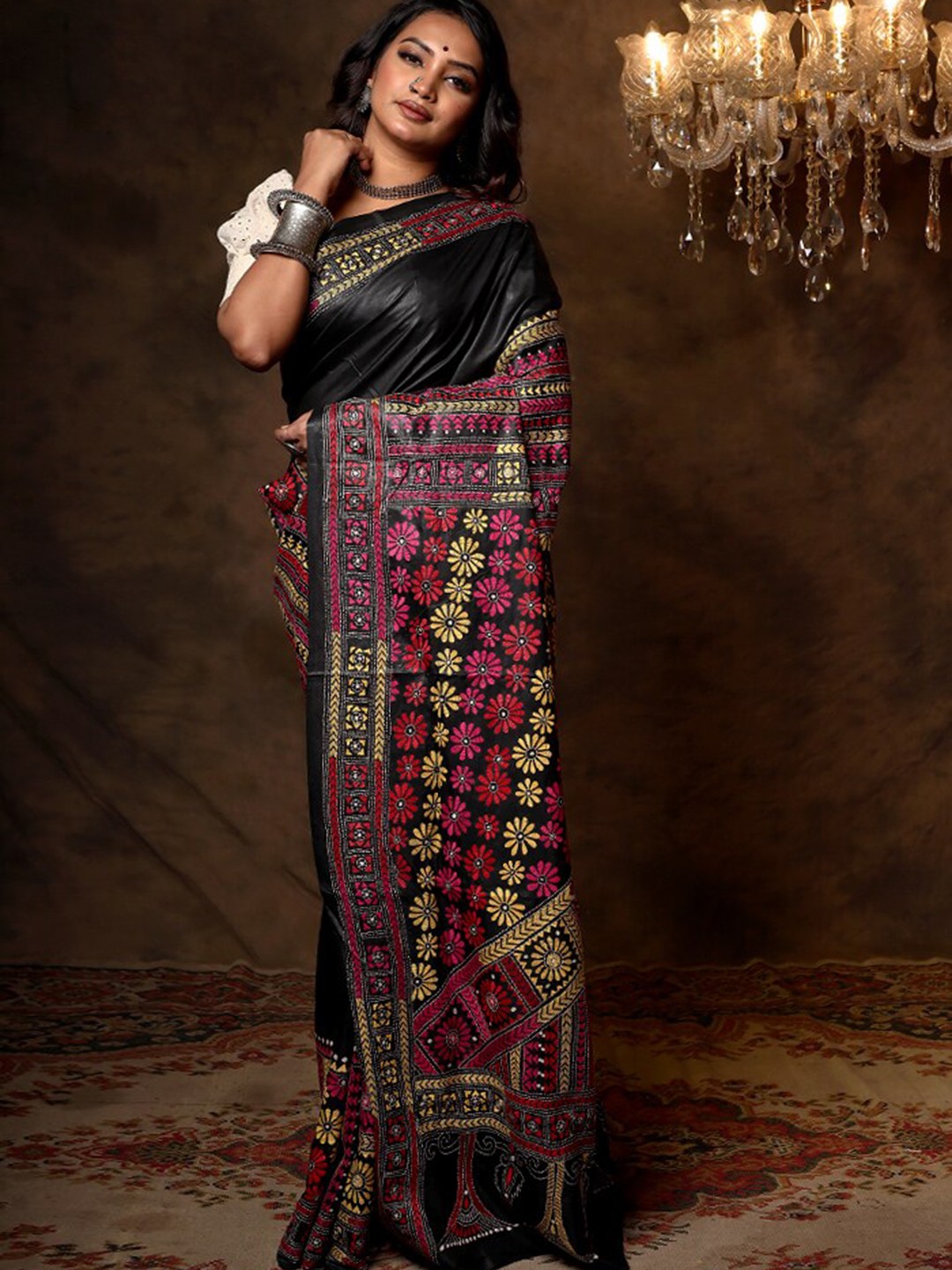 

AllSilks Black & Red Ethnic Motifs Zari Pure Silk Murshidabad silk Saree