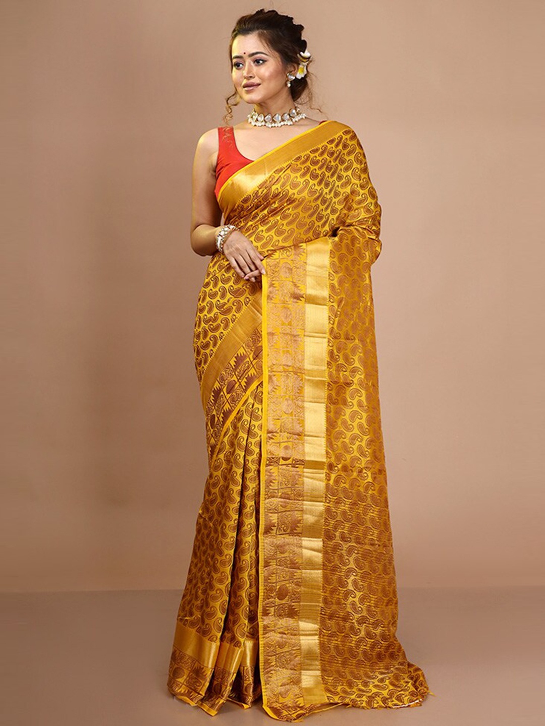 

AllSilks Paisley Zari Pure Cotton Saree, Yellow