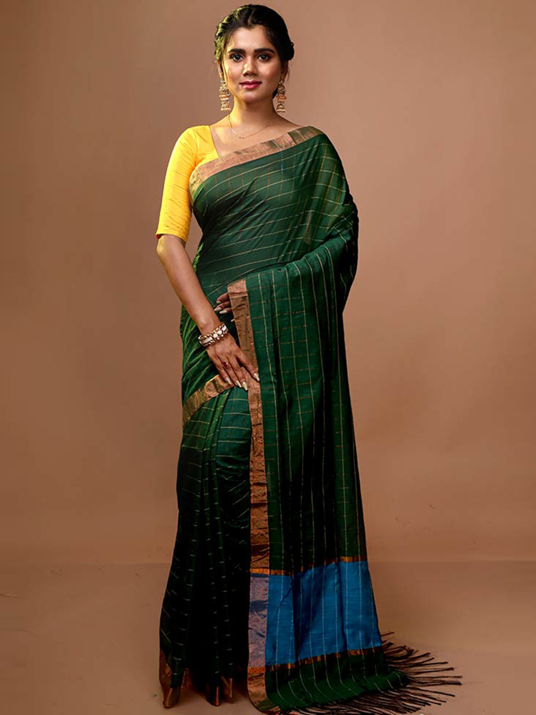 

AllSilks Green & Blue Striped Zari Pure Silk Saree
