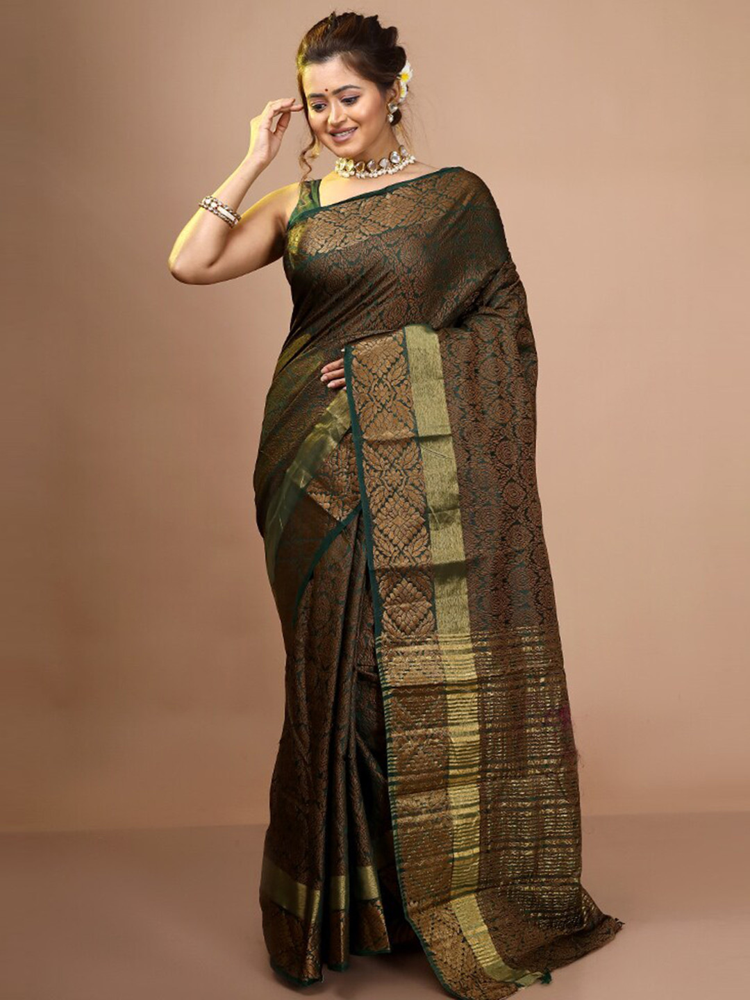 

AllSilks Woven Design Zari Pure Cotton Saree, Green