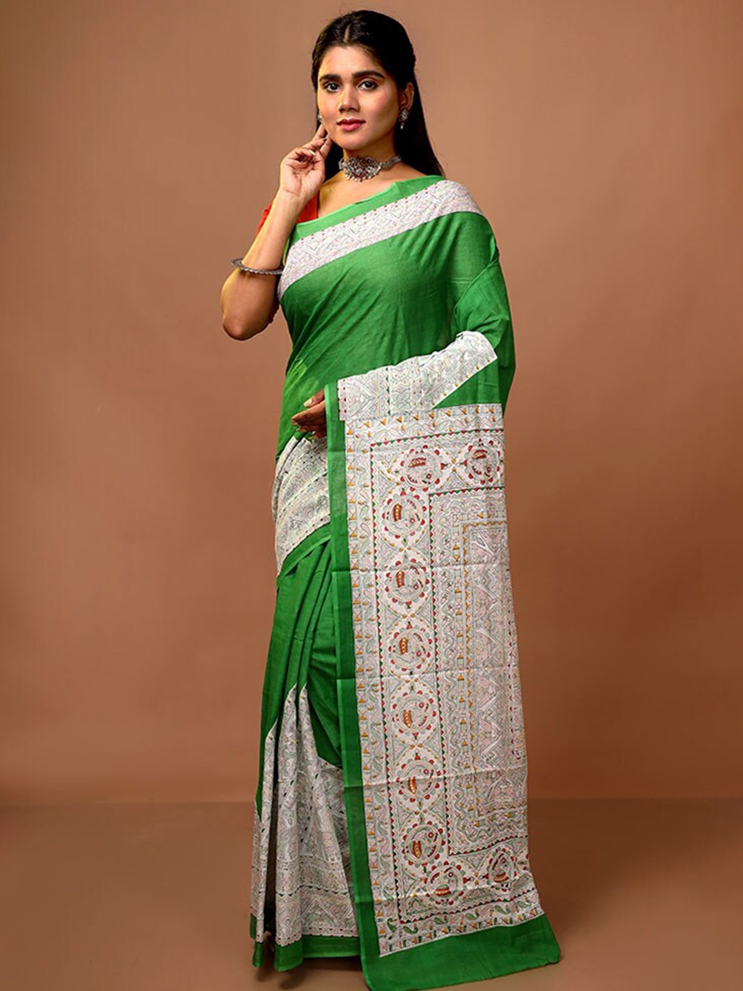 

AllSilks Ethnic Printed Pure Cotton Saree, Green