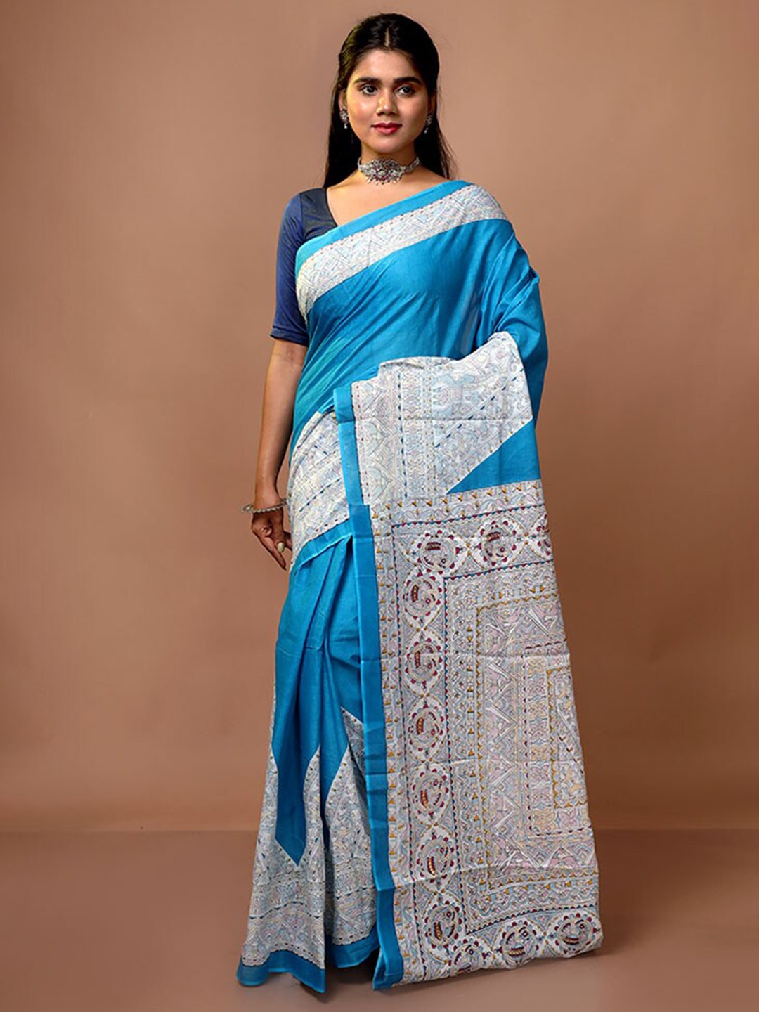 

AllSilks Ethnic Printed Pure Cotton Saree, Blue
