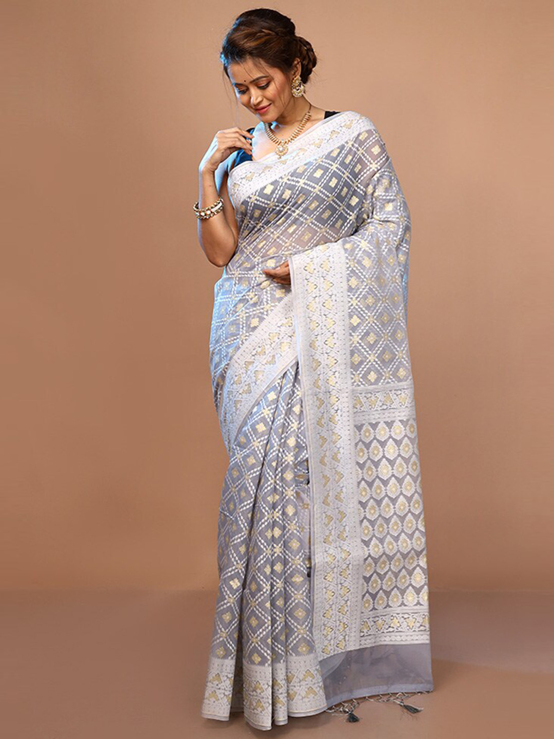 

AllSilks Woven Design Zari Pure Silk Saree, Grey