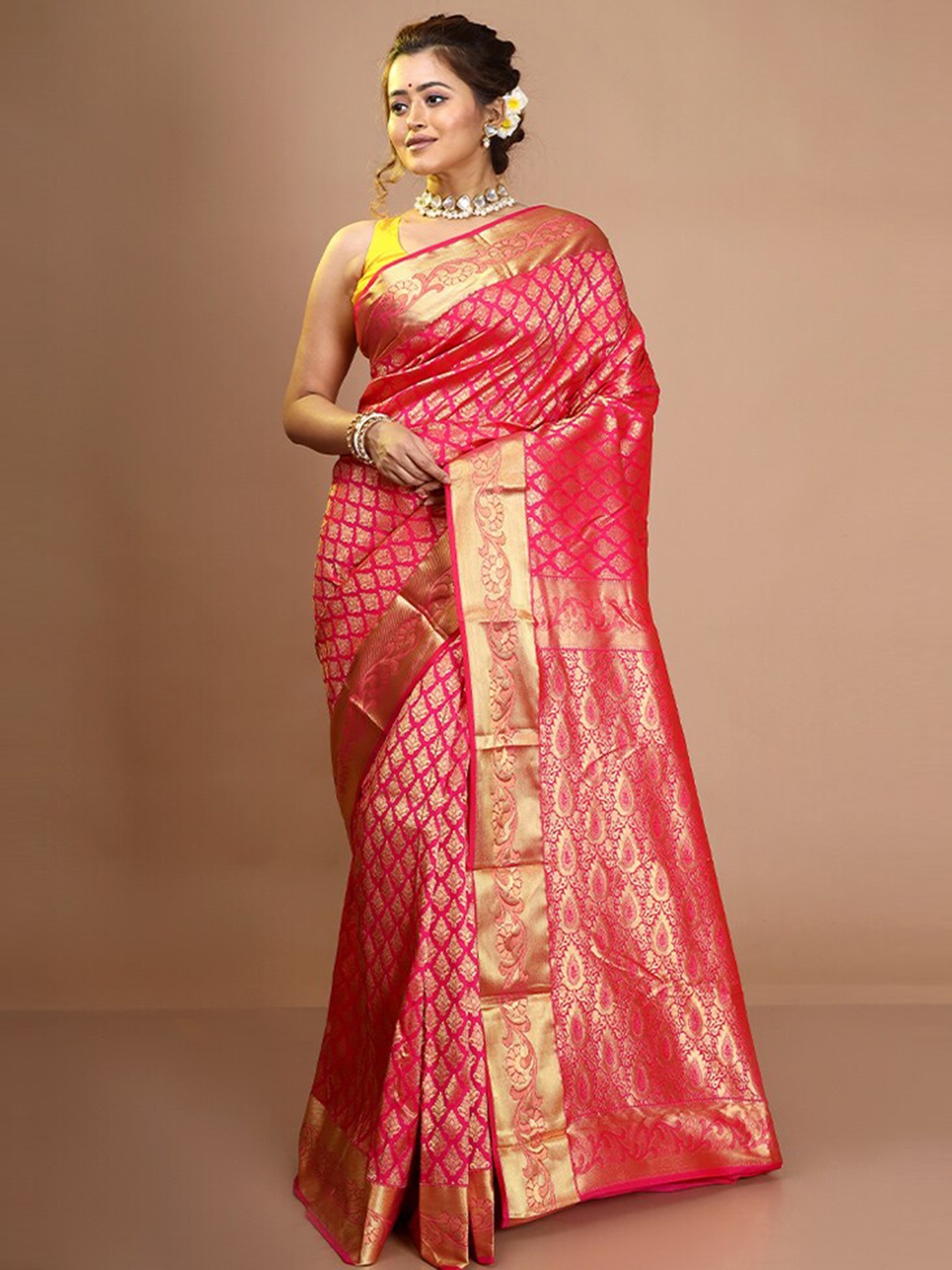 

AllSilks Woven Design Zari Pure Silk Kanjeevaram Saree, Pink